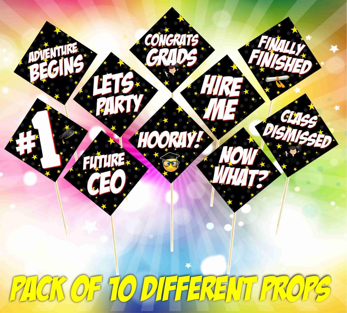 Balloonistics Graduation Photo Booth Props – Pack of 10 Premium Cardstock Accessories – Elegant Black & Gold Class Party Supplies thumbnail 7