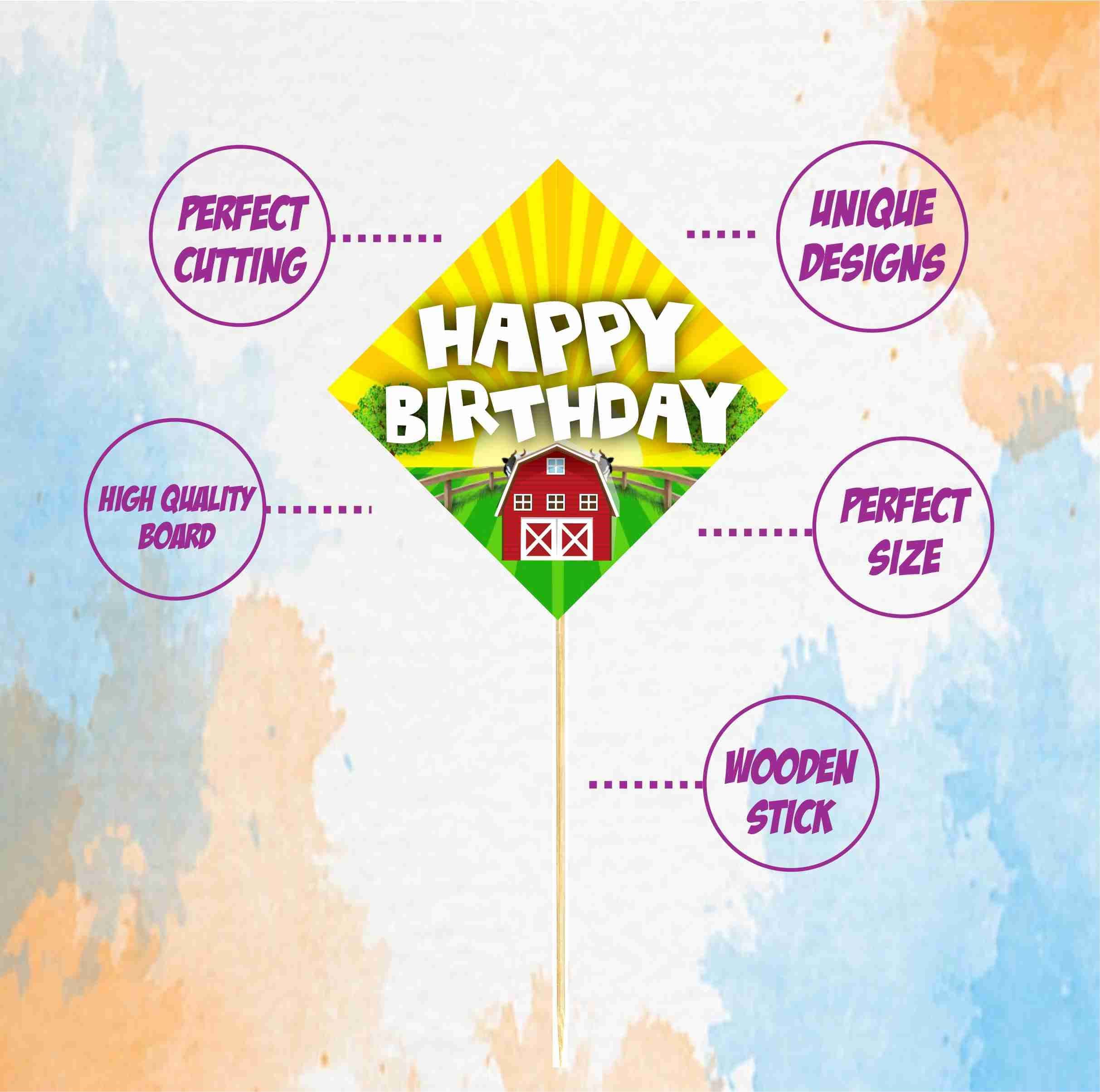 Balloonistics Farm Theme Happy Birthday Cake Toppers - Pack of 10 Barnyard Party Decorations - Premium Cardstock Cow, Pig on Bamboo Sticks, Rustic Country Birthday Backdrop (Cake Topper - Pack of 10) thumbnail 5