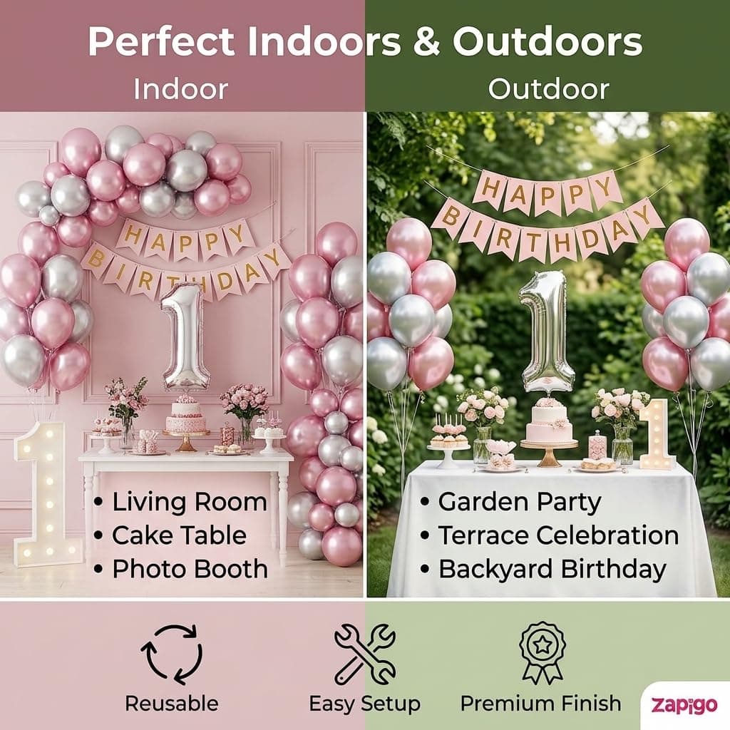 Balloonistics 9th Birthday Decoration Combo Kit - 40 Inch Silver Foil Number Balloon, LED Marquee Light, 50 Silver & Pink Balloons, Happy Birthday Banner, Balloon Pump & Glue Dots thumbnail 4