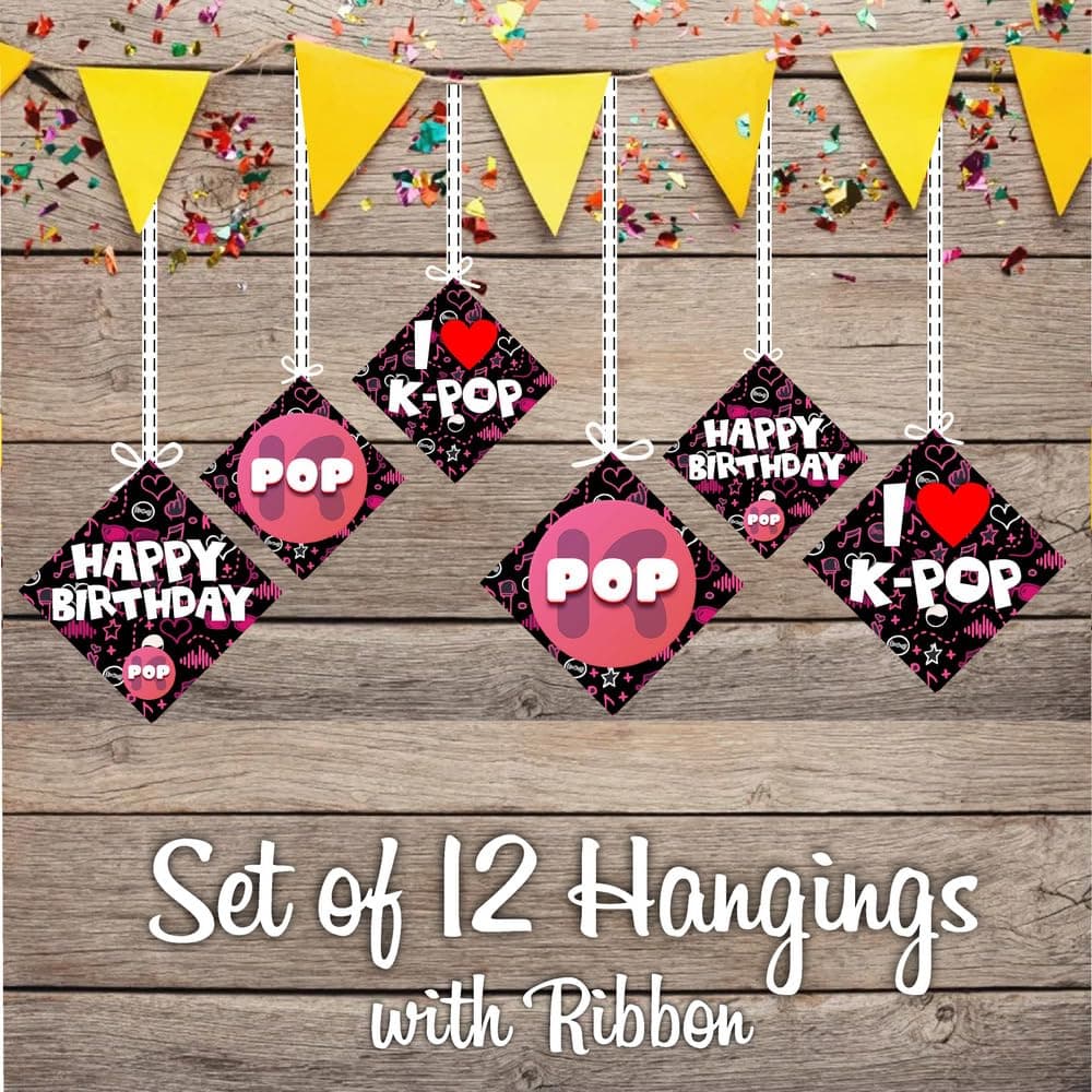 Balloonistics K-Pop Theme Birthday Hanging Decorations - Pack of 12 Double-Sided Cardstock Cutouts - Music Video Aesthetic Party Decor with Ribbons for Fans, Teens & Finger Heart Lovers (Hangings - Pack of 12) thumbnail 2