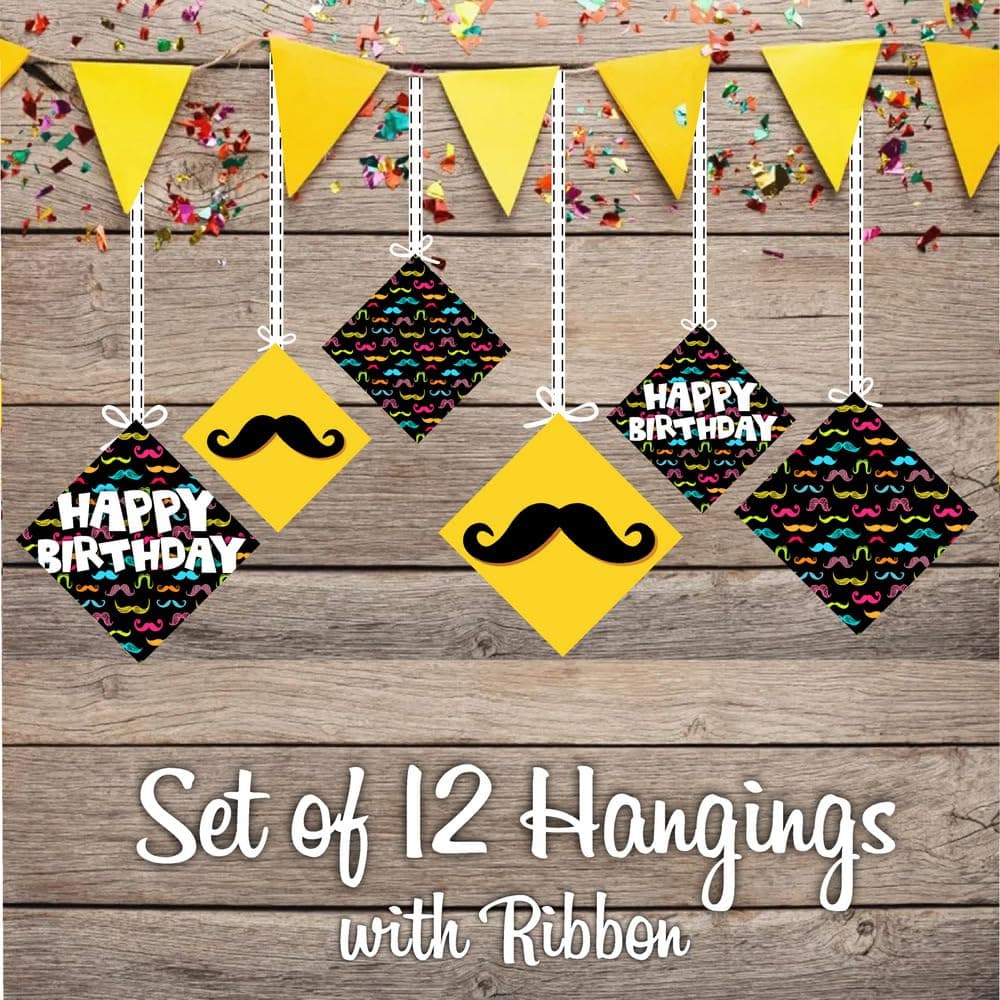 Balloonistics Mustache Happy Birthday Hanging Decorations (Pack of 12) - Double-Sided Cardstock "Little Man" Birthday Bunting - Dapper Mustache & Bowtie Room Decor with Ribbons for Boys & Men’s Parties (Hangings - Pack of 12) thumbnail 2
