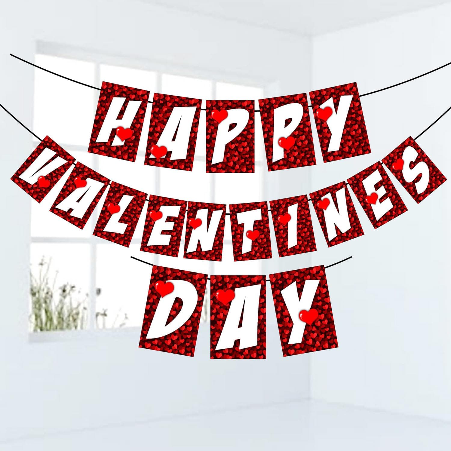 Balloonistics Happy Valentine’s Day Banner - Red Glitter Heart Cardstock Bunting - Romantic Holiday Party Decorations, "Happy Valentine’s Day" Love-Themed Backdrop thumbnail 2