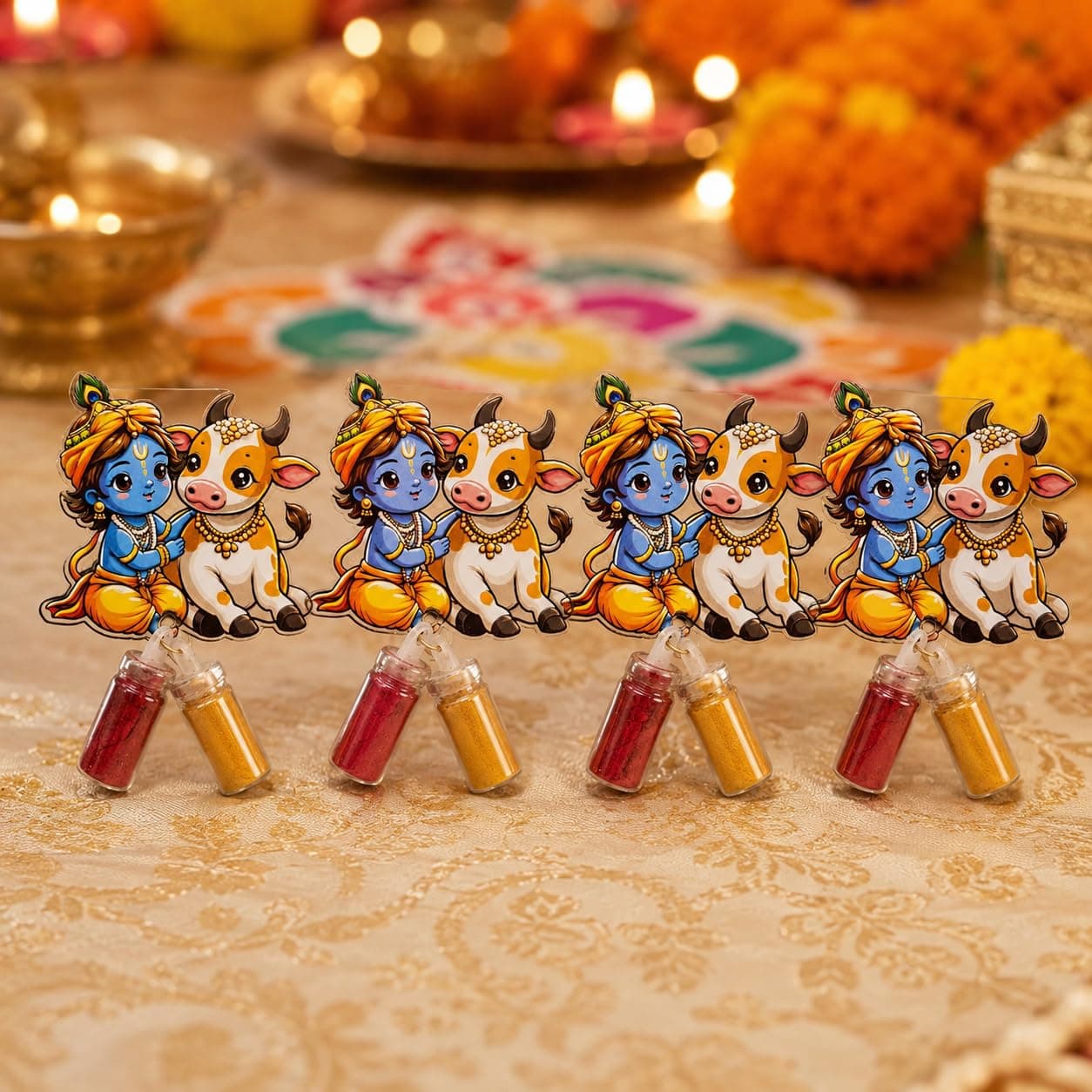 Habba Krishna & Cow Haldi Kumkum Set for Guests, Printed Cut-Out with Mini Dome Glass Bottles of Haldi & Kumkum, Traditional Janmashtami Pooja Return Gift, Pack of 10 thumbnail 1