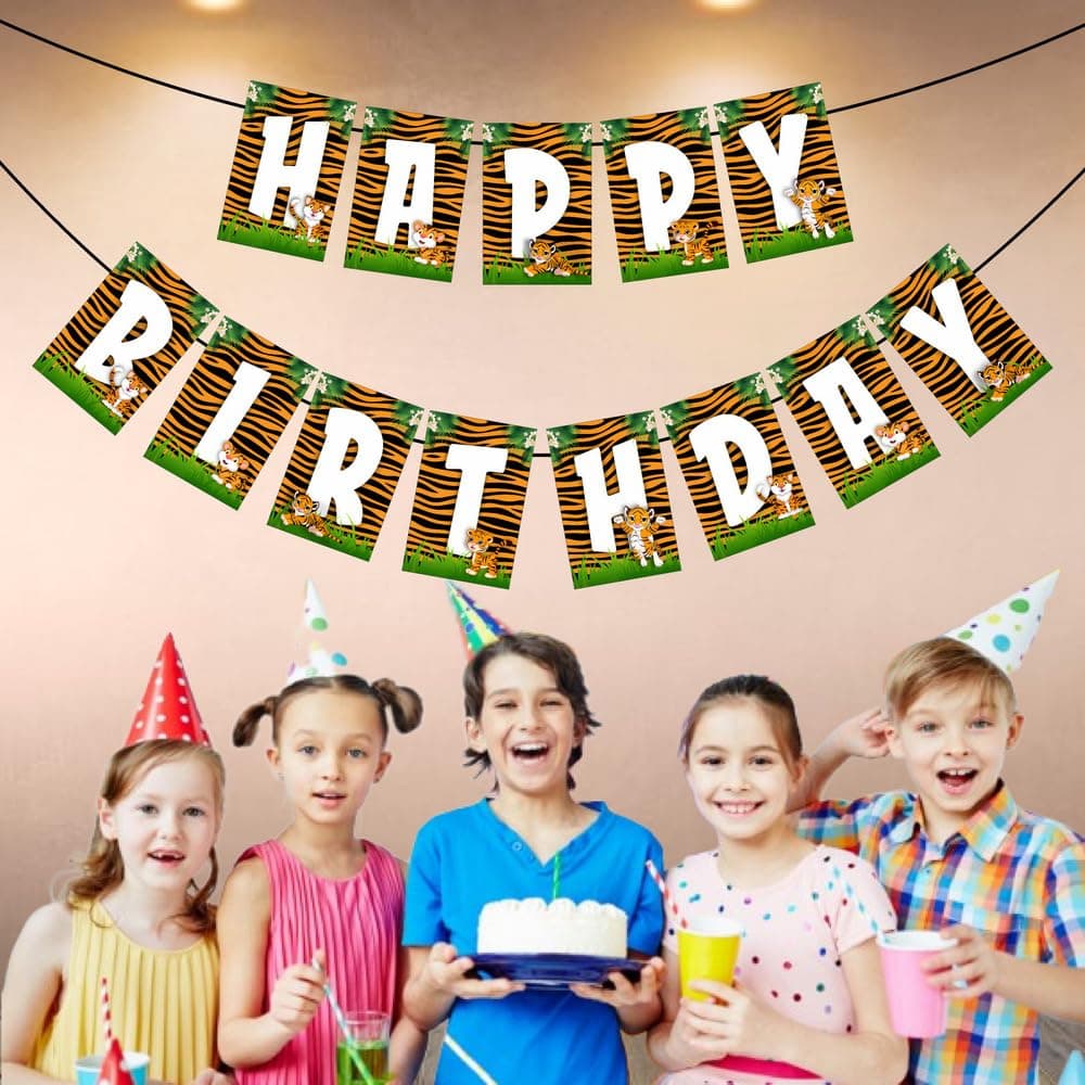 Balloonistics Tiger Happy Birthday Banner - Premium Cardstock Jungle Theme Bunting - Wild One & Safari Birthday Decoration Backdrop for Kids - Orange & Black Tiger Face Party Decor with Ribbon (Happy Birthday Banner) thumbnail 3