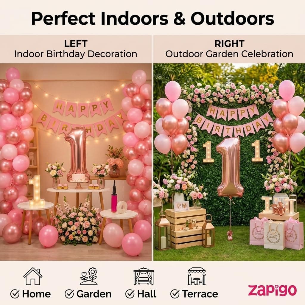 Balloonistics 2nd Birthday Decoration Combo Kit - 40 Inch Rose Gold Foil Number Balloon, LED Marquee Light, 50 Rose Gold & Pink Balloons, Happy Birthday Banner, Balloon Pump & Glue Dots thumbnail 4