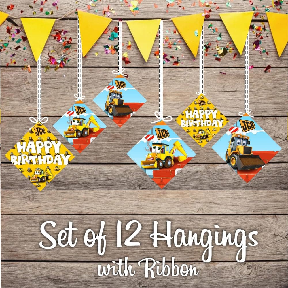 Balloonistics Little JCB Theme Party Hangings - Pack of 12 Construction Zone Ceiling Decorations - Premium Cardstock Yellow Digger & Excavator Cutouts, Little Builder Birthday Party Decor (Hangings - Pack of 12) thumbnail 2
