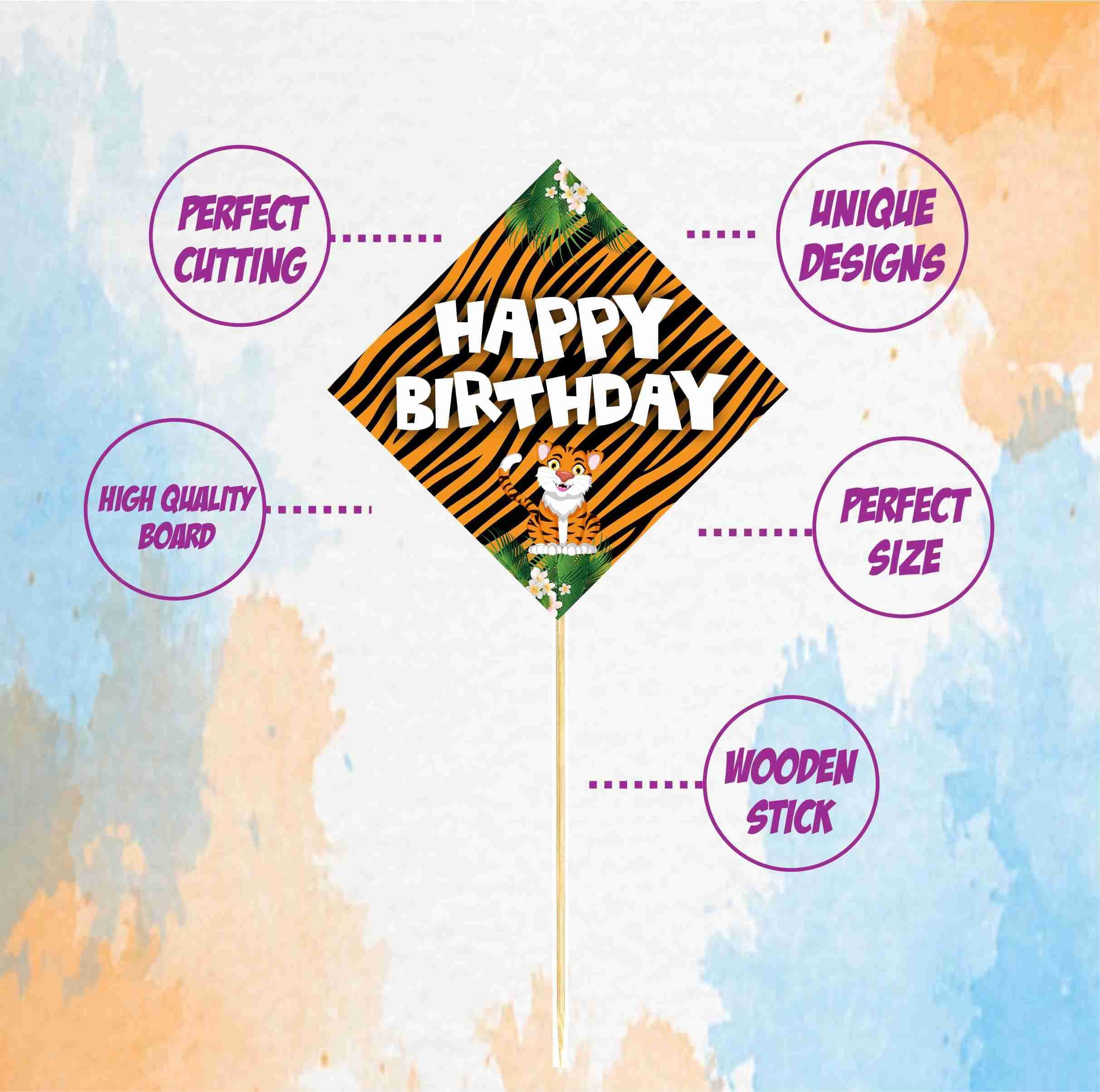 Balloonistics Tiger Theme Happy Birthday Cake Toppers - Pack of 10 Double-Sided Cardstock Treat Picks - Jungle Safari & Wild One Party Decorations - Includes Food-Safe Bamboo Sticks - Orange & Black Tiger Decor (Cake Topper - Pack of 10) thumbnail 5