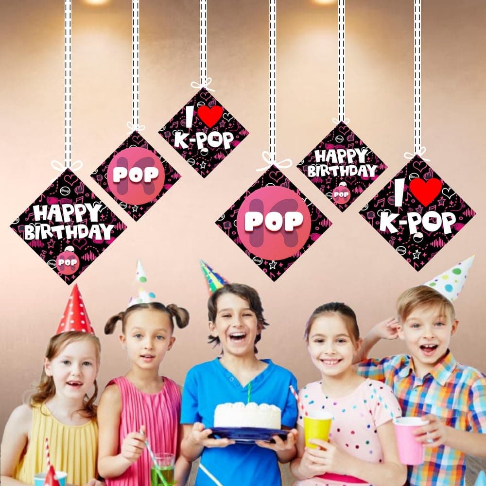 Balloonistics K-Pop Theme Birthday Hanging Decorations - Pack of 12 Double-Sided Cardstock Cutouts - Music Video Aesthetic Party Decor with Ribbons for Fans, Teens & Finger Heart Lovers (Hangings - Pack of 12) thumbnail 4