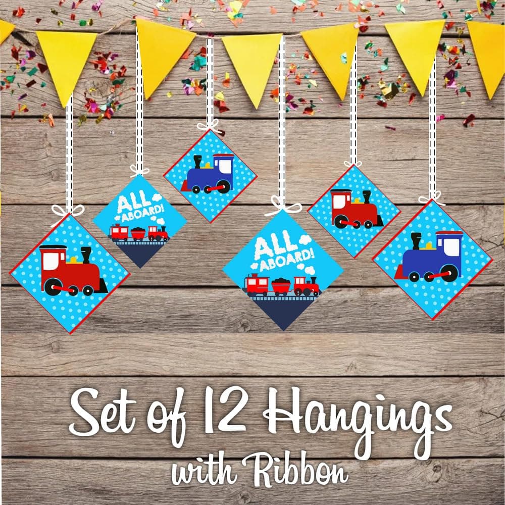 Balloonistics Train Birthday Theme Hangings Double-Sided Cardstock Ceiling Decorations Steam Engine Rail Party Decor with Ribbons (Hangings - Pack of 12) thumbnail 2