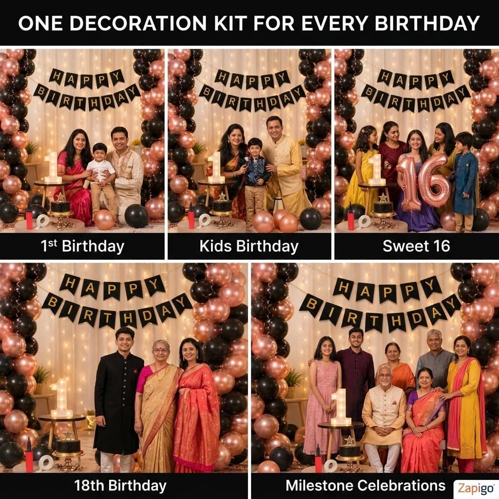 Balloonistics 3rd Birthday Decoration Combo Kit - 40 Inch Rose Gold Foil Number Balloon, LED Marquee Light, 50 Rose Gold & Black Balloons, Happy Birthday Banner, Balloon Pump & Glue Dots thumbnail 5