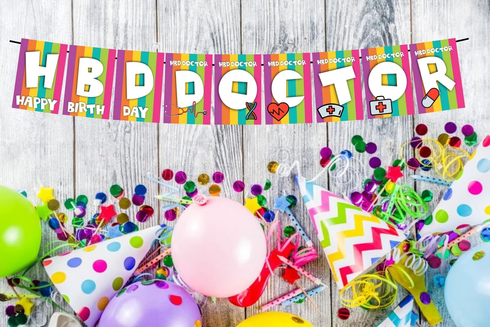 Balloonistics HBD Doctor Happy Birthday Banner - Medical Theme Rainbow Cardstock Bunting - Doctor, Nurse & Healthcare Hero Party Decorations, "Paging the Birthday Star" Backdrop thumbnail 2