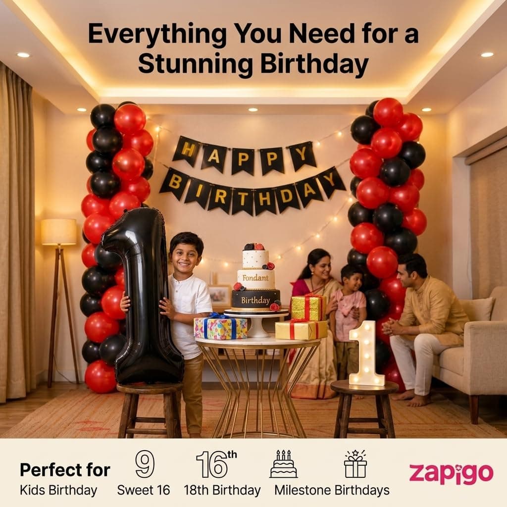 Balloonistics 16th Birthday Decoration Combo Kit - 40 Inch Black Foil Number Balloon, LED Marquee Light, 50 Black & Red Balloons, Happy Birthday Banner, Balloon Pump & Glue Dots thumbnail 5