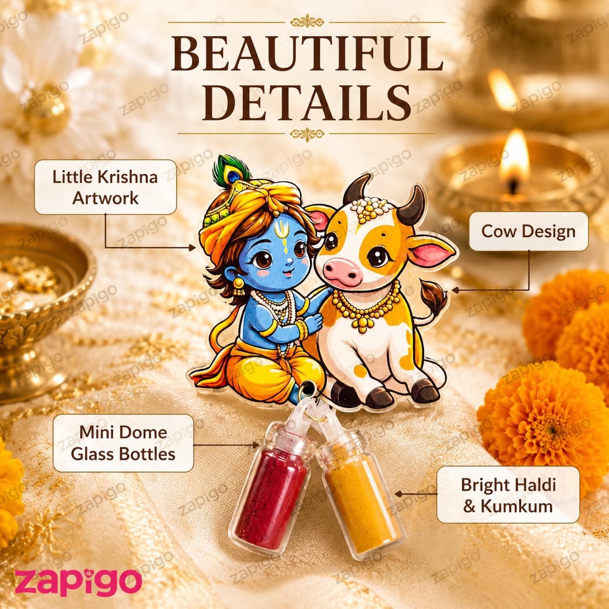 Habba Krishna & Cow Haldi Kumkum Set for Guests, Printed Cut-Out with Mini Dome Glass Bottles of Haldi & Kumkum, Traditional Janmashtami Pooja Return Gift (Gokulashtami, Krishna Pooja), Pack of 5 thumbnail 4