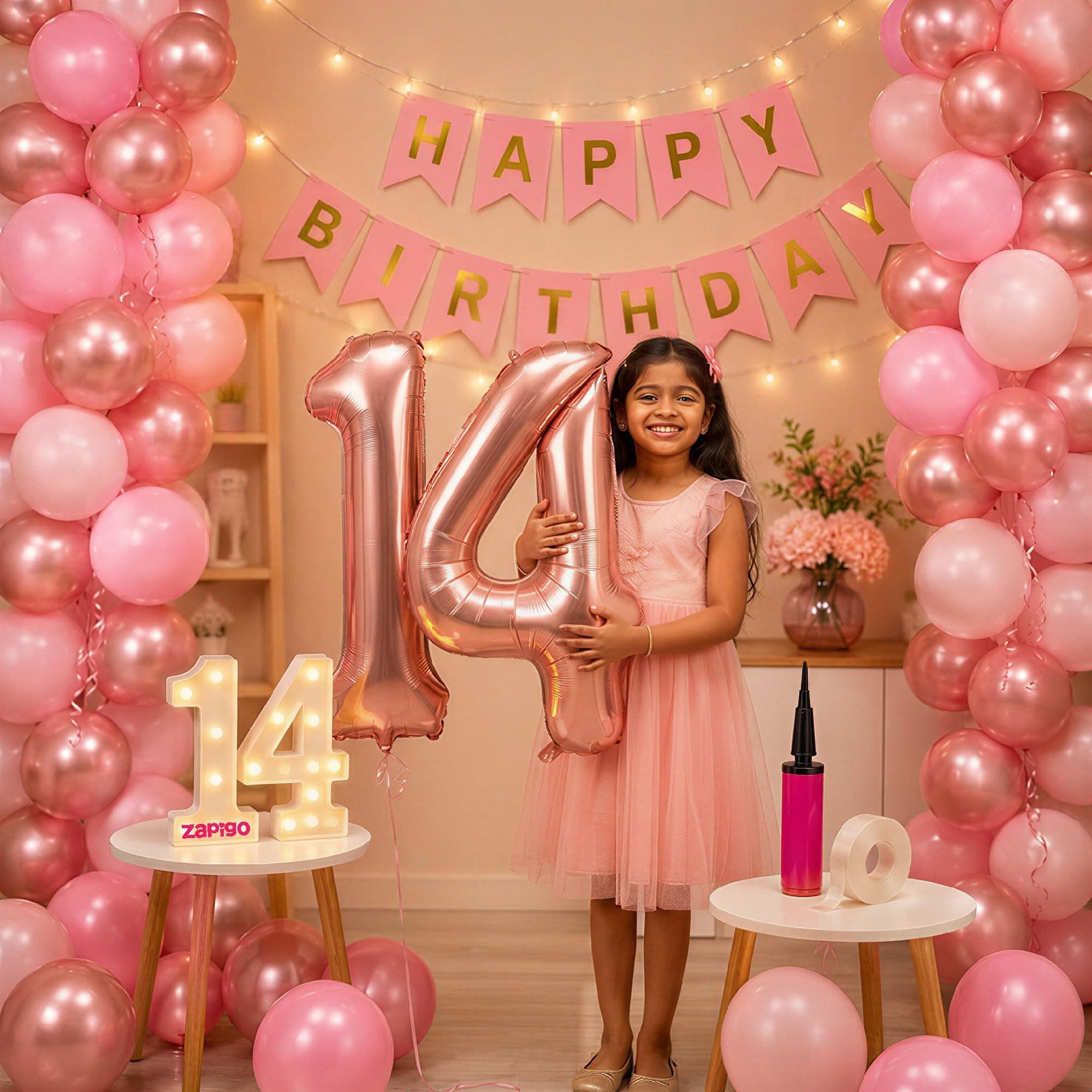 Balloonistics 14th Birthday Decoration Combo Kit - 40 Inch Rose Gold Foil Number Balloon, LED Marquee Light, 50 Rose Gold & Pink Balloons, Happy Birthday Banner, Balloon Pump & Glue Dots thumbnail 1