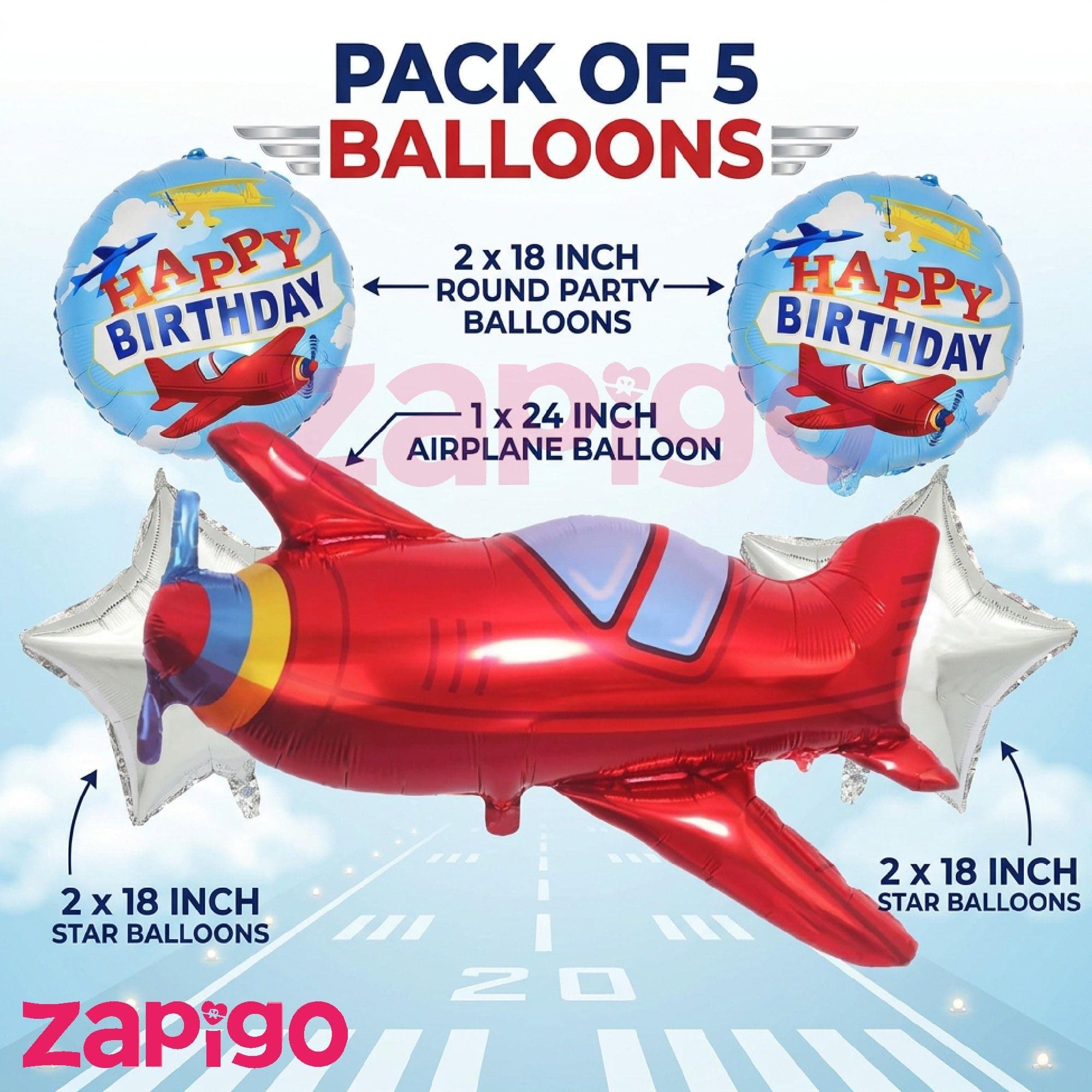 Balloonistics Aeroplane Theme Happy Birthday Balloon Bouquet Pack Of 5 thumbnail 2