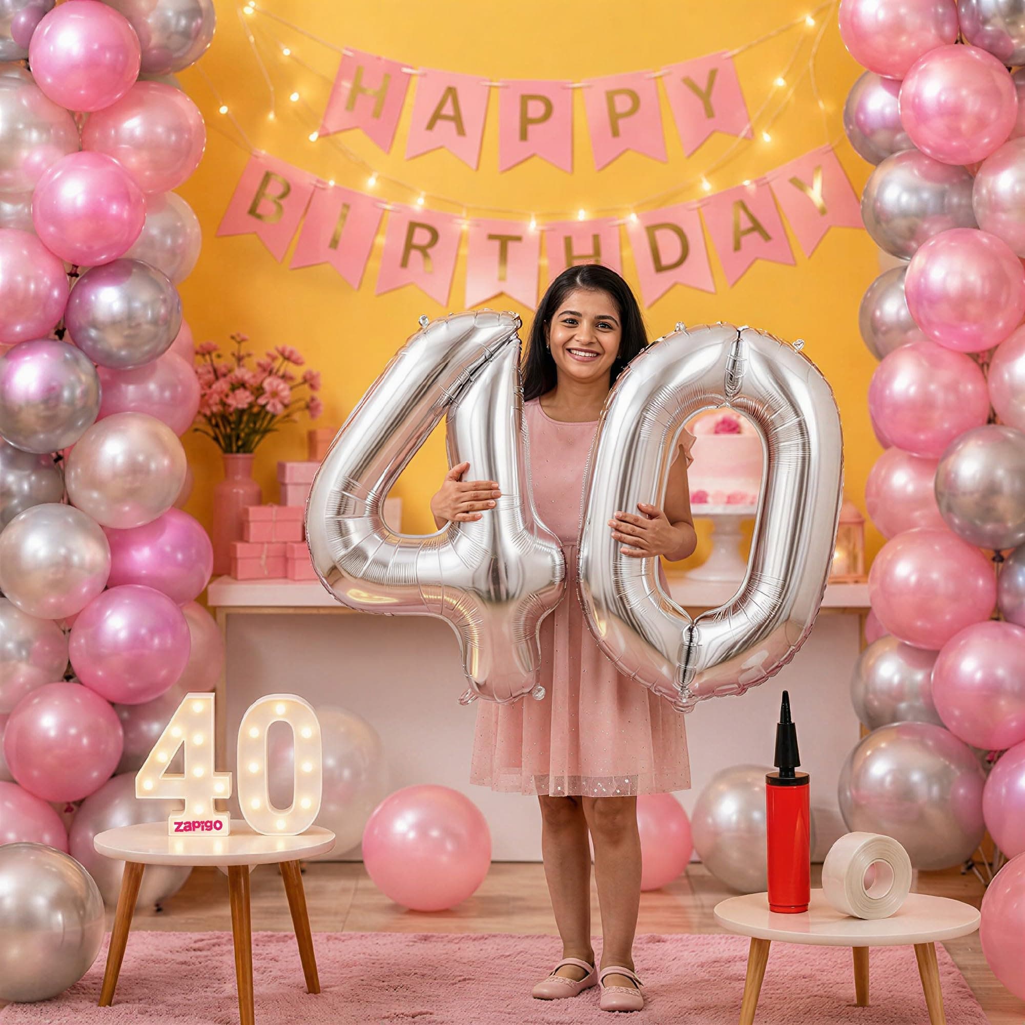 Balloonistics 40th Birthday Decoration Combo Kit - 40 Inch Silver Foil Number Balloon, LED Marquee Light, 50 Silver & Pink Balloons, Happy Birthday Banner, Balloon Pump & Glue Dots thumbnail 1