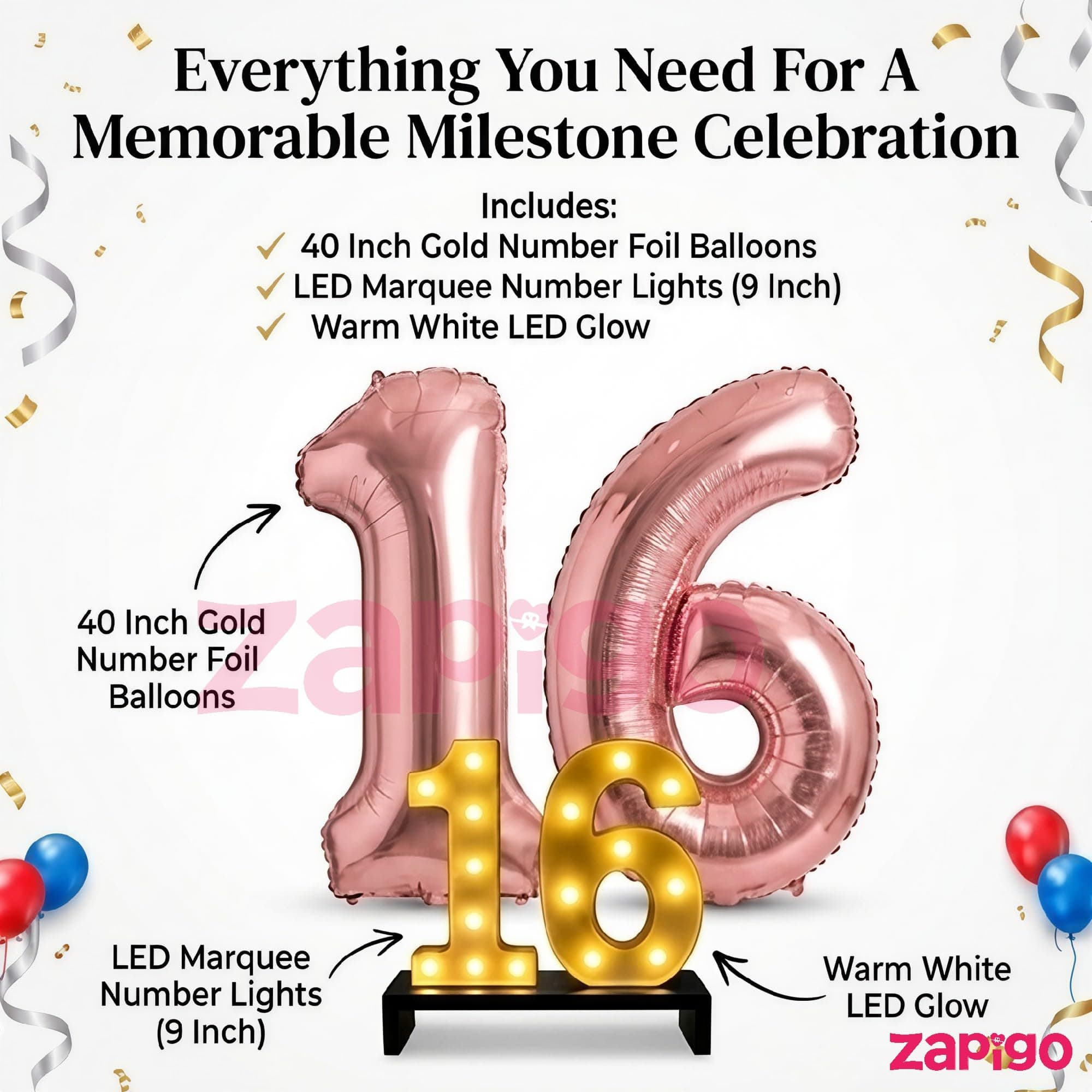 Balloonistics 50th Birthday Decoration Combo Kit - 40 Inch Rose Gold Foil Number Balloon, LED Marquee Light, 50 Rose Gold & Pink Balloons, Happy Birthday Banner, Balloon Pump & Glue Dots thumbnail 7