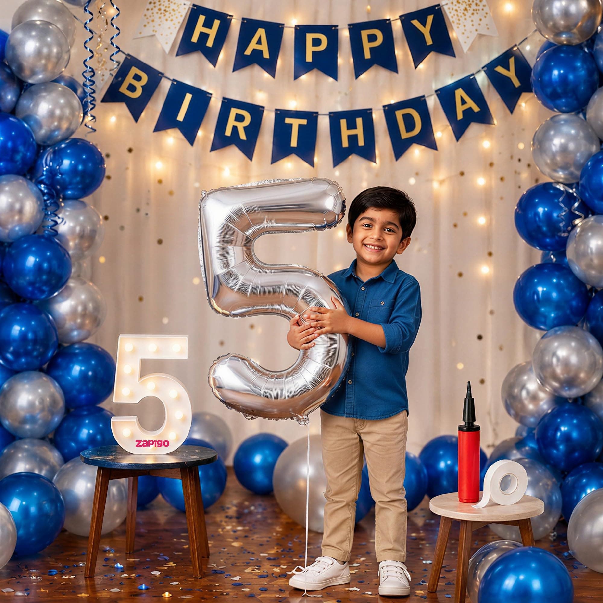 Balloonistics 5th Birthday Decoration Combo Kit - 40 Inch Silver Foil Number Balloon, LED Marquee Light, 50 Silver & Blue Balloons, Happy Birthday Banner, Balloon Pump & Glue Dots thumbnail 1