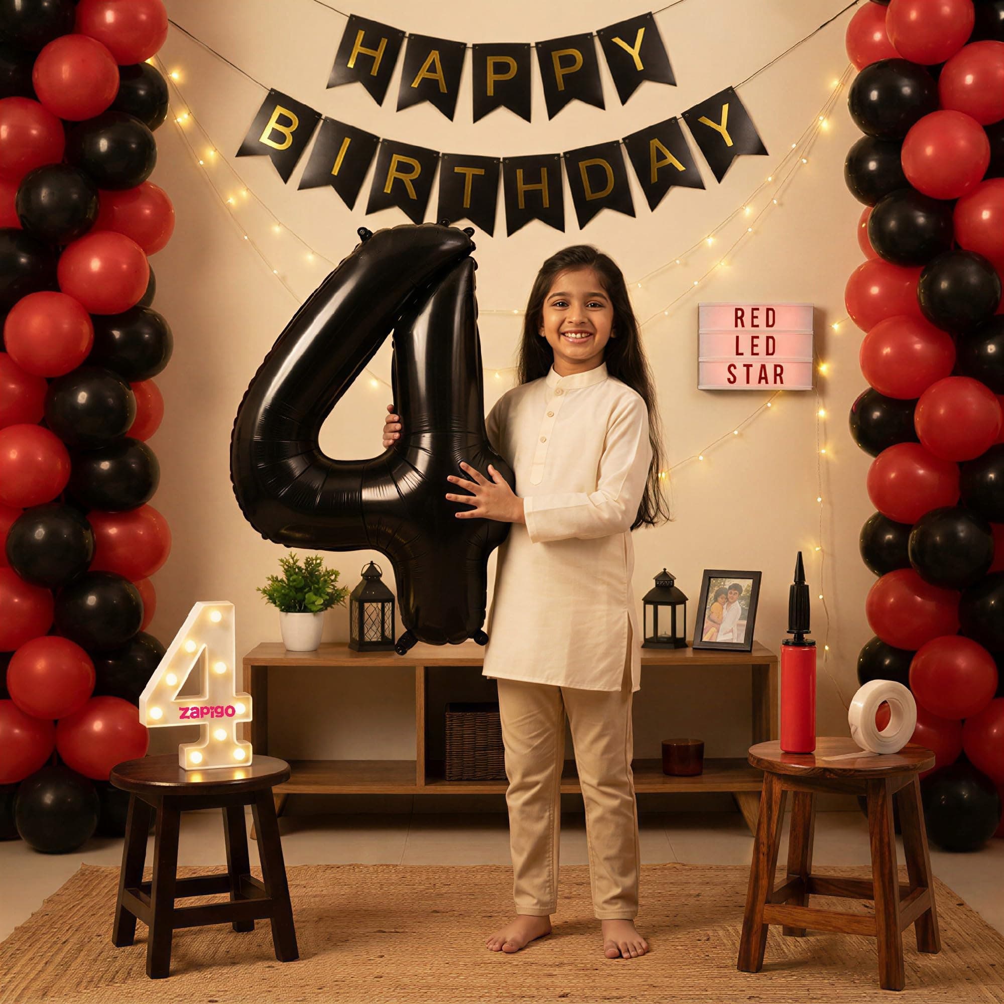 Balloonistics 4th Birthday Decoration Combo Kit - 40 Inch Black Foil Number Balloon, LED Marquee Light, 50 Black & Red Balloons, Happy Birthday Banner, Balloon Pump & Glue Dots thumbnail 1