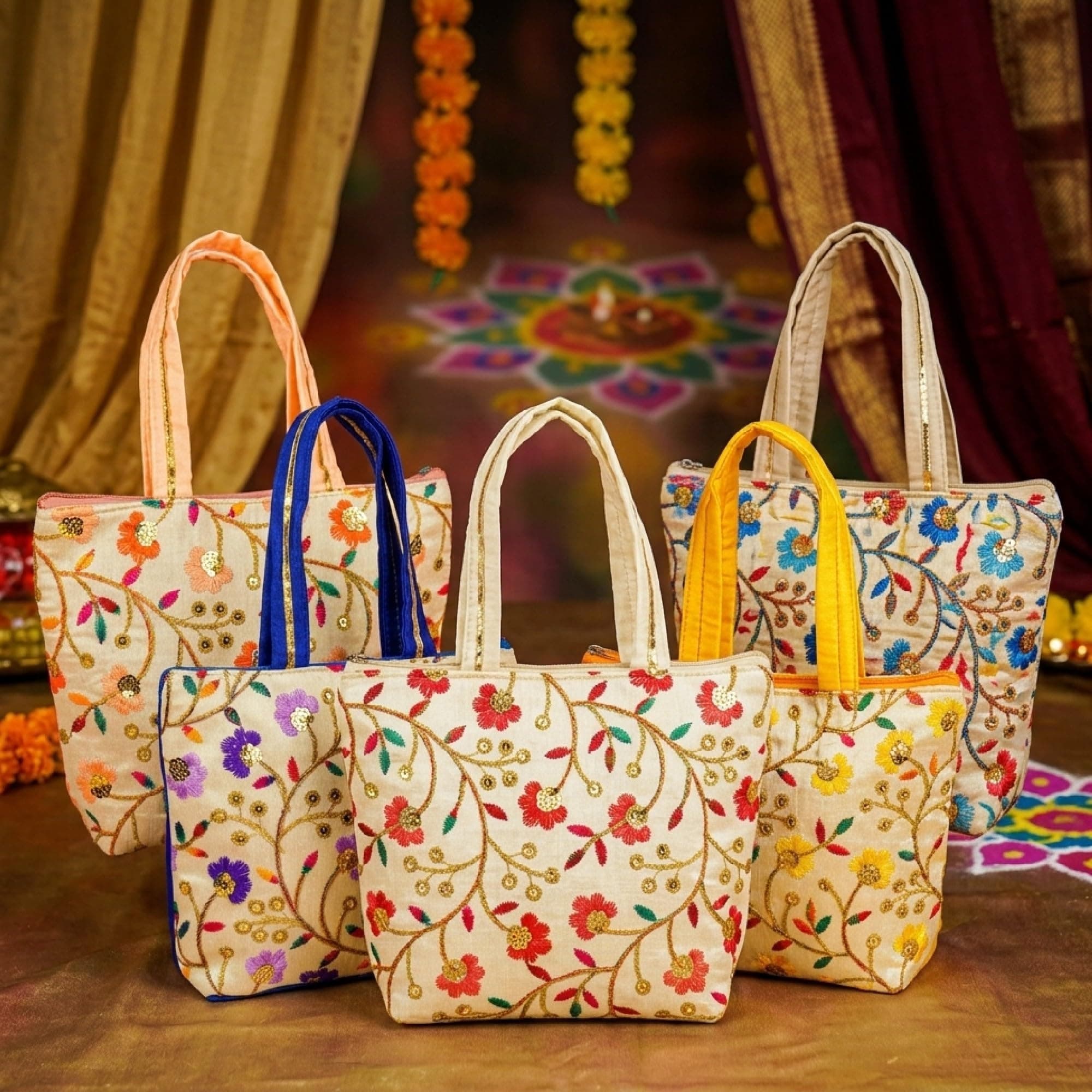 Habba Embroidered Floral Tote Bag for Women, Zip Closure Compact Ethnic Festive Haldi Kumkum Tamboolam Wedding Mehendi Engagement Baby Shower Griha Pravesh Diwali Navratri Return Gift Bag, Pack of 5 thumbnail 1
