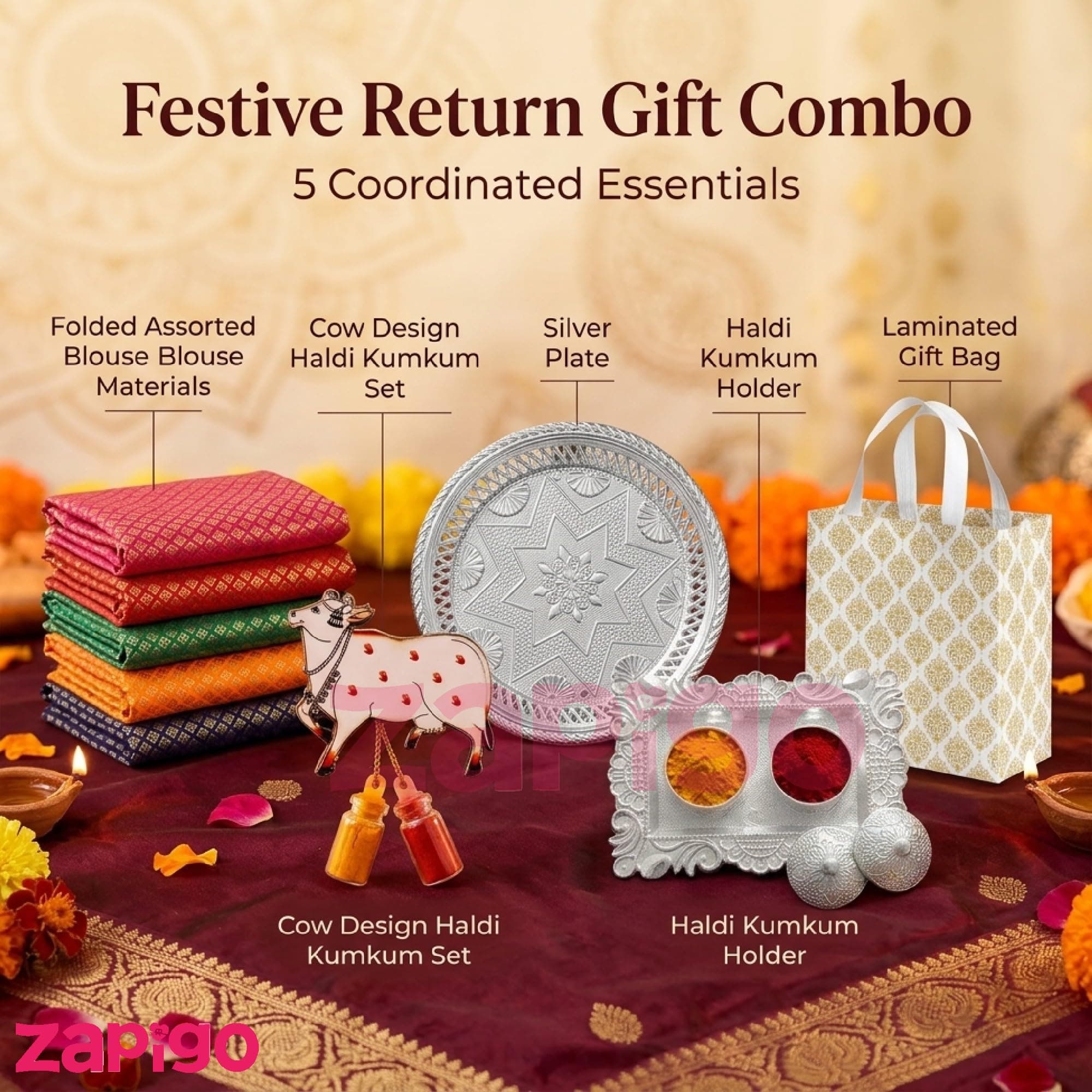 Habba Traditional Return Gift Combo with Blouse Piece, Cow Kumkum, Silver Kumkum Box, Silver Plate & Laminated Bag for Women, Haldi Kumkum & Tambulam Gifts, Diwali, Navratri, Weddings - Pack of 5 thumbnail 2