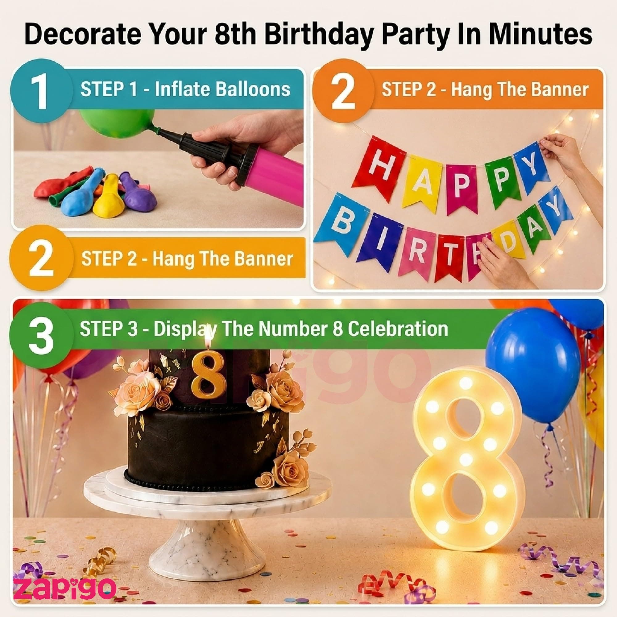 Balloonistics 55-Piece 8th Birthday Decoration Kit – Number 8 Foil Balloon, Happy Birthday Banner, Latex Balloons, Arch Tools for Party Decor, Photo Backdrop, Balloon Garland thumbnail 4