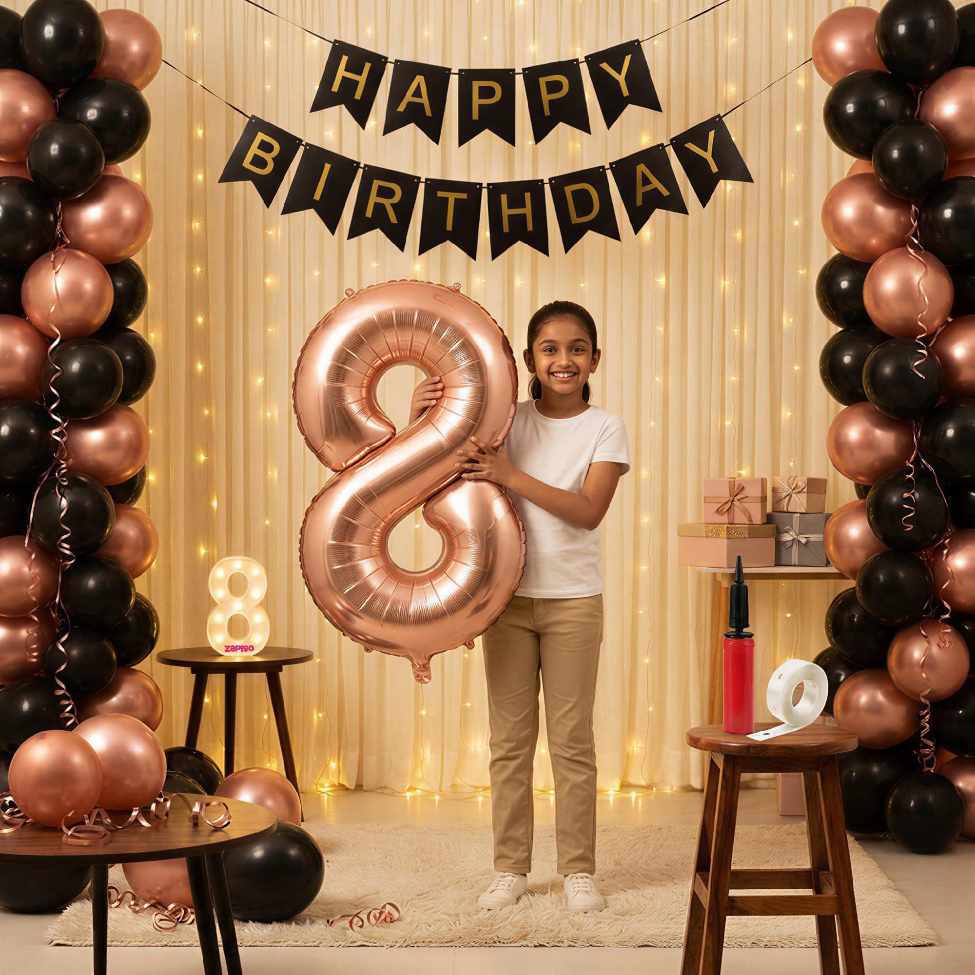 Balloonistics 8th Birthday Decoration Combo Kit - 40 Inch Rose Gold Foil Number Balloon, LED Marquee Light, 50 Rose Gold & Black Balloons, Happy Birthday Banner, Balloon Pump & Glue Dots thumbnail 1