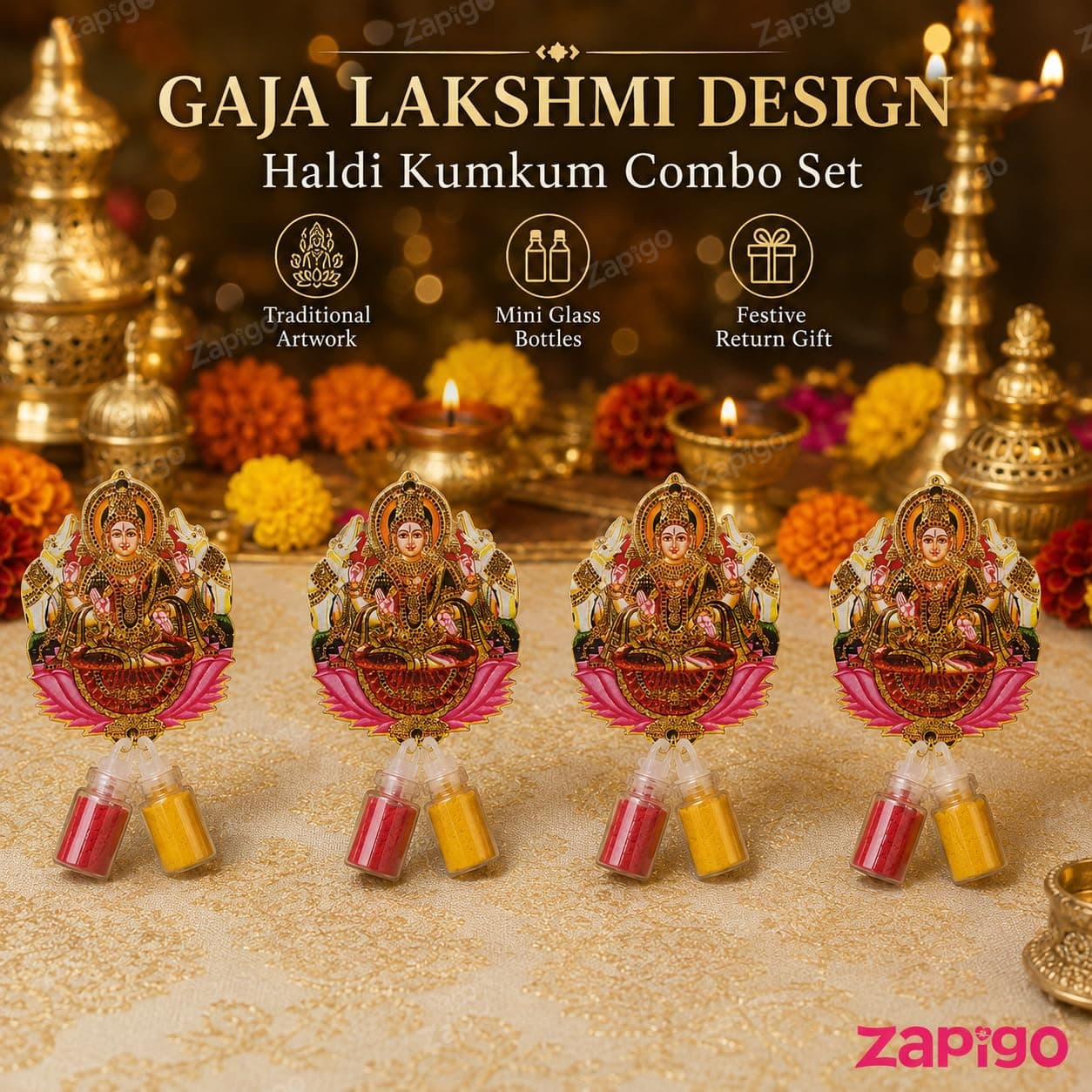 Habba Gaja Lakshmi Haldi Kumkum Set for Guests, Printed Cut-Out with Mini Dome Glass Bottles of Haldi & Kumkum, Traditional Varalakshmi Vratham, Deepavali, Navratri, Dhanteras, Griha, Pack of 10 thumbnail 2