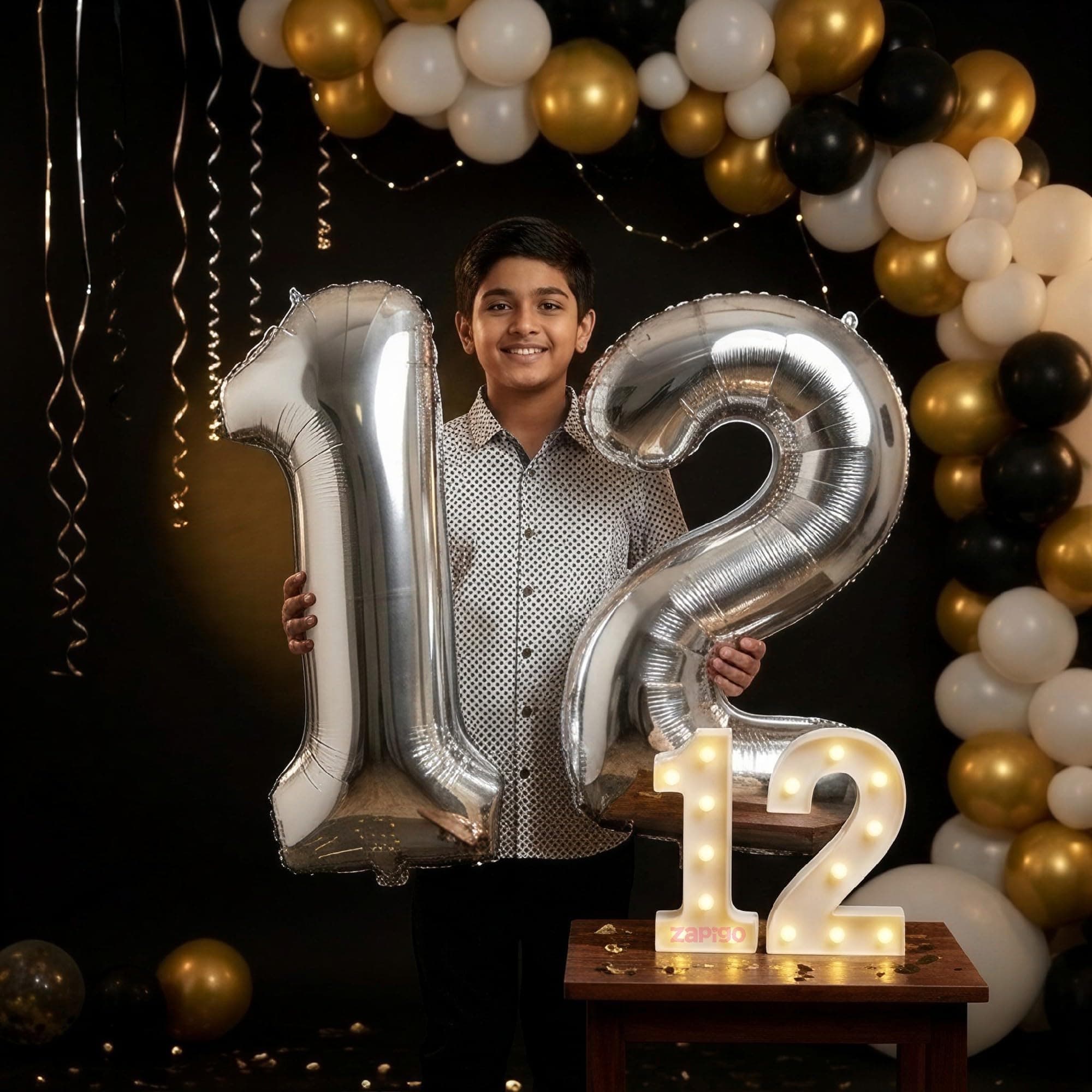 Balloonistics Silver 40-Inch Foil Number 12 Balloon with Matching LED Marquee Light - Combo Set for 12th Birthday, Anniversary, Party Decoration, Photo Booth Backdrop thumbnail 1