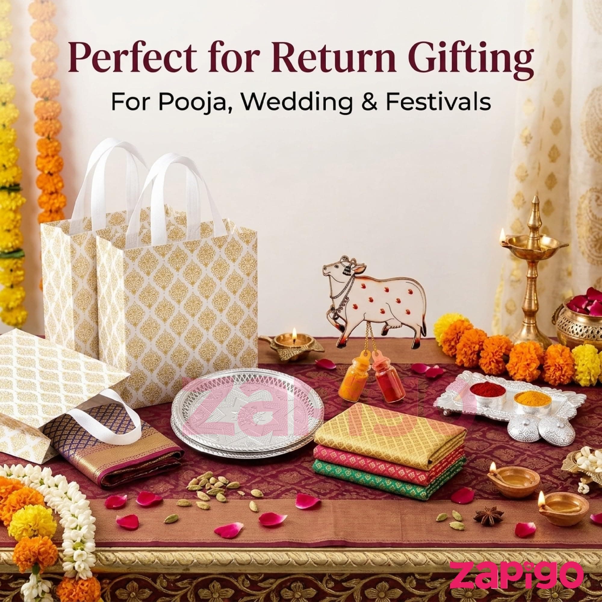 Habba Traditional Return Gift Combo with Blouse Piece, Cow Kumkum, Silver Kumkum Box, Silver Plate & Laminated Bag for Women, Haldi Kumkum & Tambulam Gifts, Diwali, Navratri, Weddings - Pack of 5 thumbnail 4