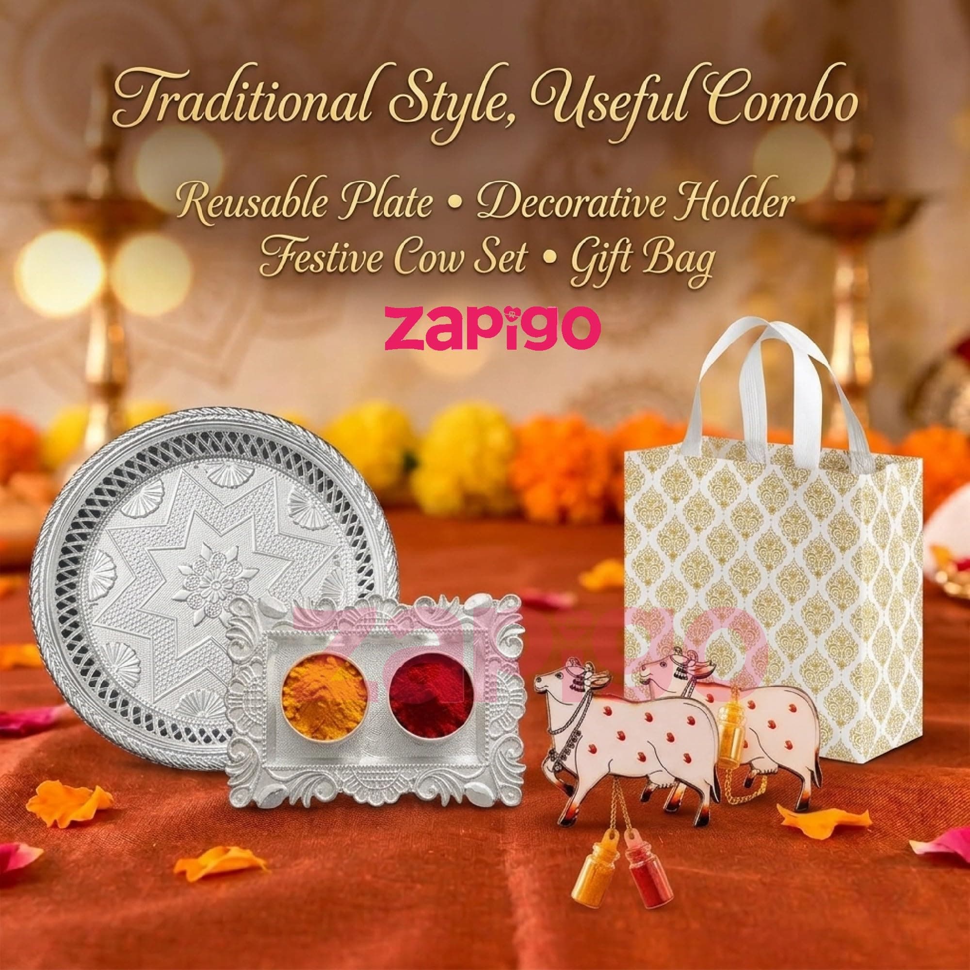 Habba Festive Return Gift Combo with Silver Plate, Cow Design Kumkum Set, Silver Kumkum Holder & Laminated Bag, Traditional Haldi Kumkum Gift for Diwali, Navratri, Wedding, Housewarming - Pack of 10 thumbnail 6