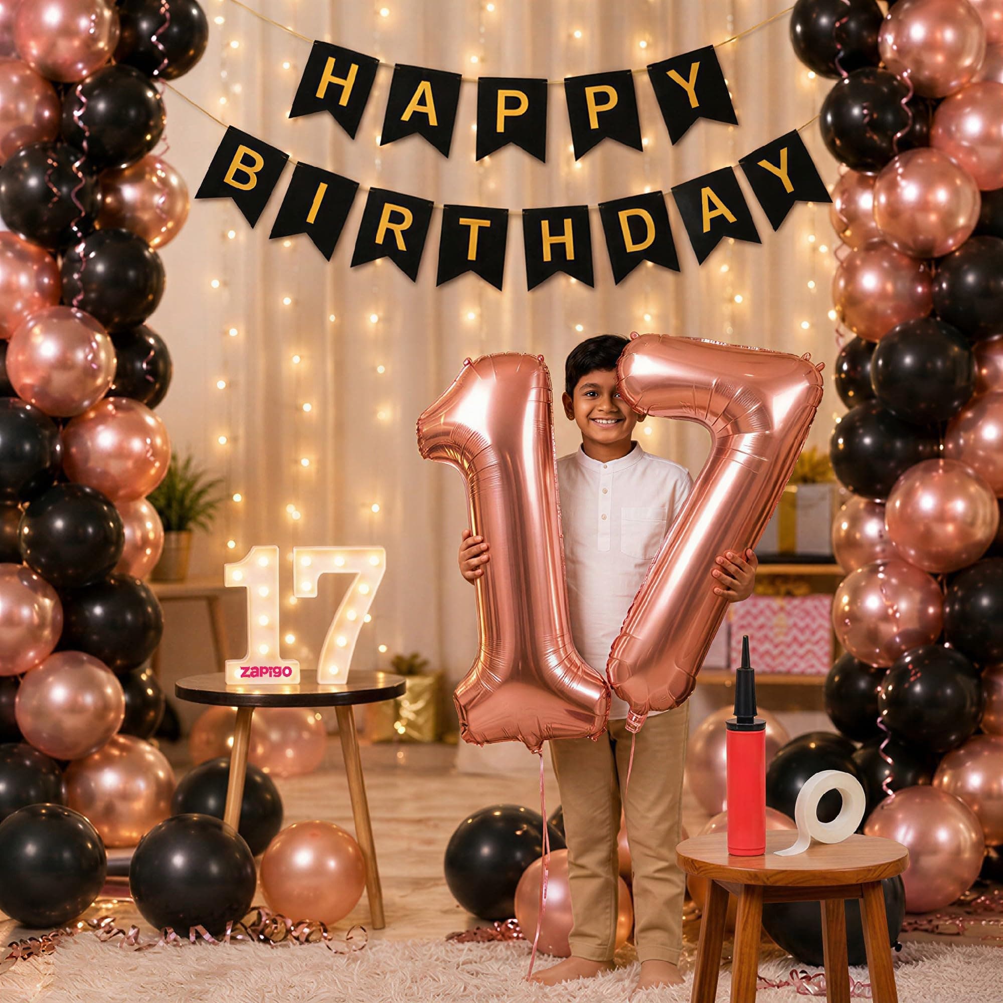 Balloonistics 17th Birthday Decoration Combo Kit - 40 Inch Rose Gold Foil Number Balloon, LED Marquee Light, 50 Rose Gold & Black Balloons, Happy Birthday Banner, Balloon Pump & Glue Dots thumbnail 1