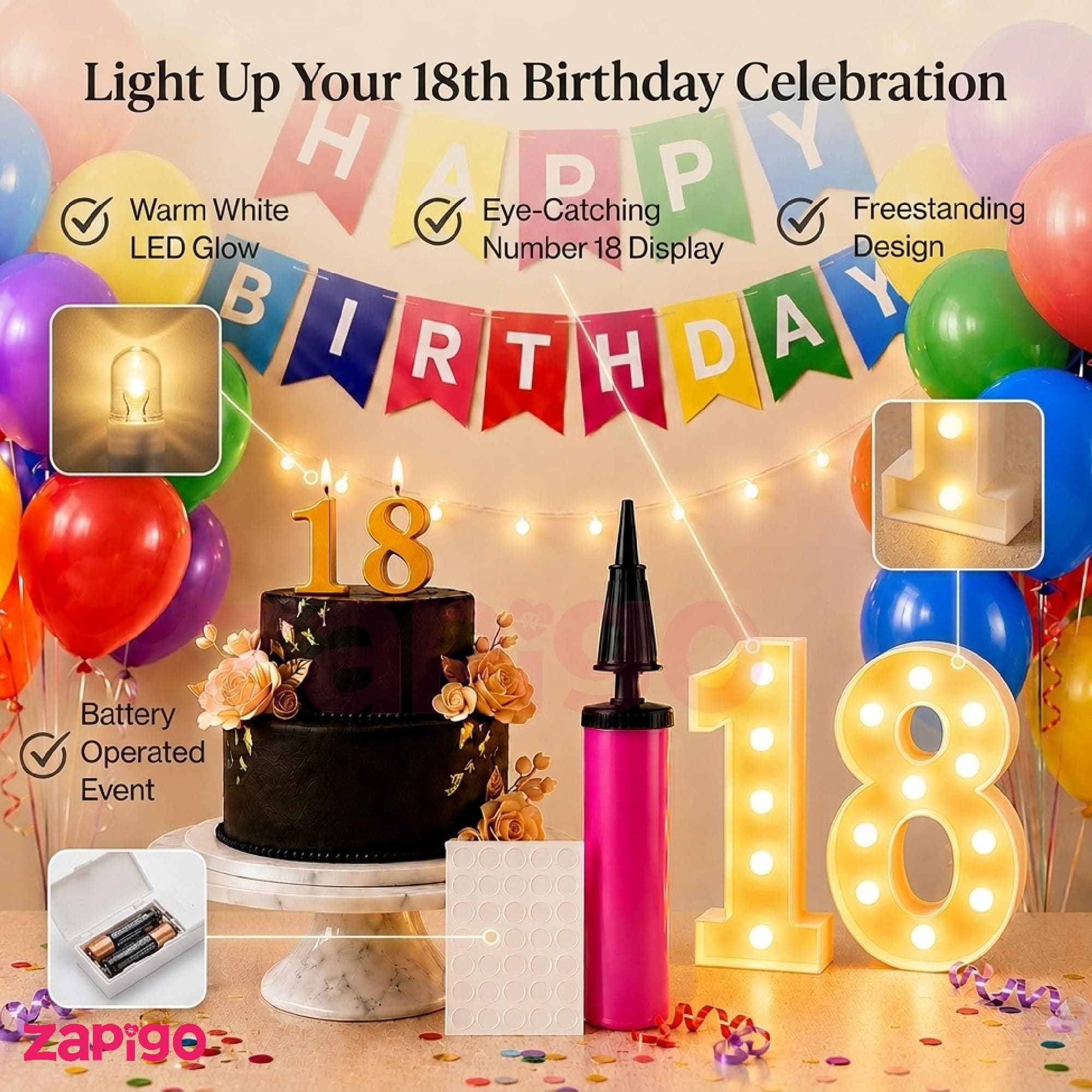 Balloonistics 55-Piece 18th Birthday Decoration Kit – Number 18 Foil Balloons, Happy Birthday Banner, Latex Balloons, Arch Tools for Party Decoration, Photo Booth, Cake Table Decor thumbnail 3