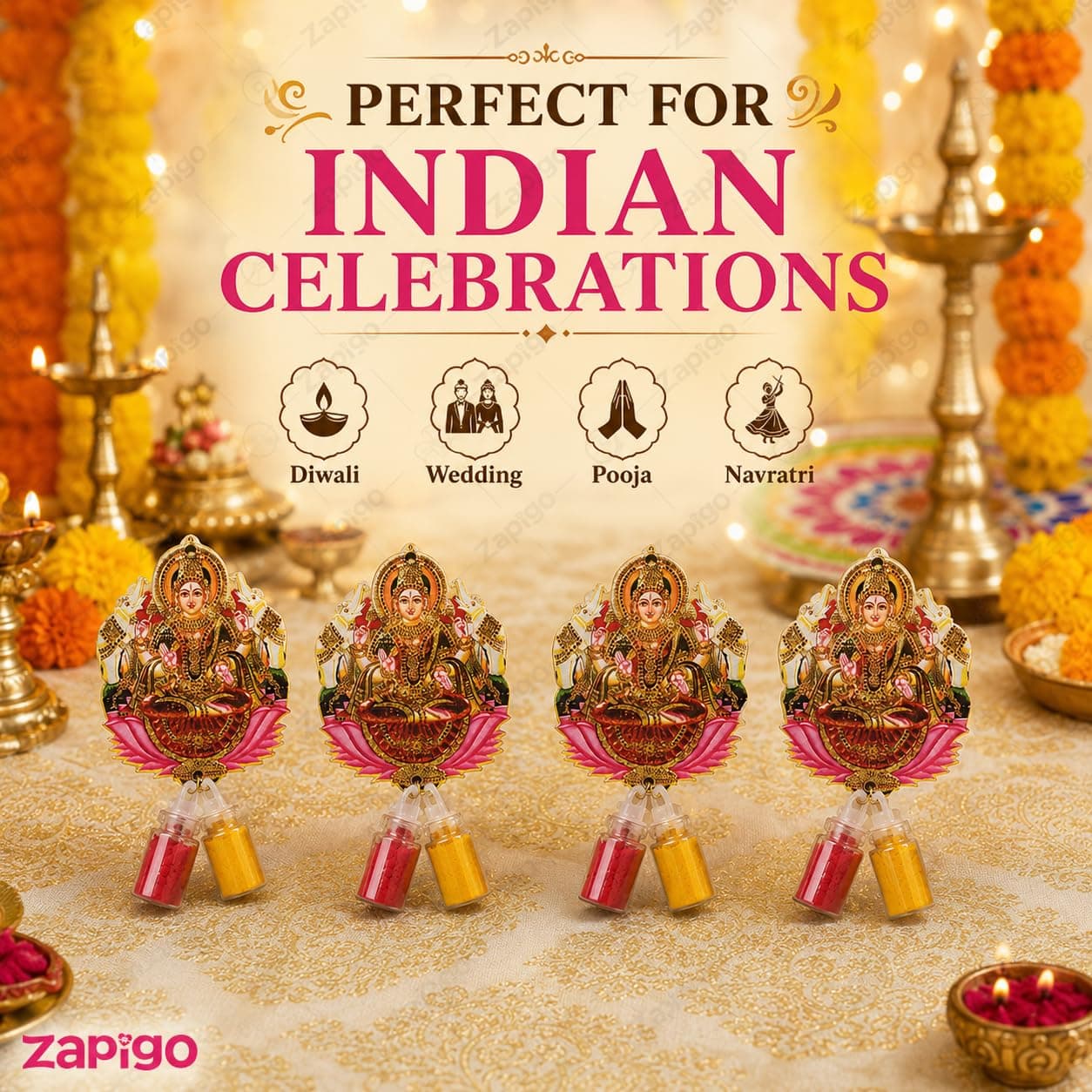 Habba Gaja Lakshmi Haldi Kumkum Set for Guests, Printed Cut-Out with Mini Dome Glass Bottles of Haldi & Kumkum, Traditional Varalakshmi Vratham, Deepavali, Navratri, Dhanteras, Griha, Pack of 10 thumbnail 5