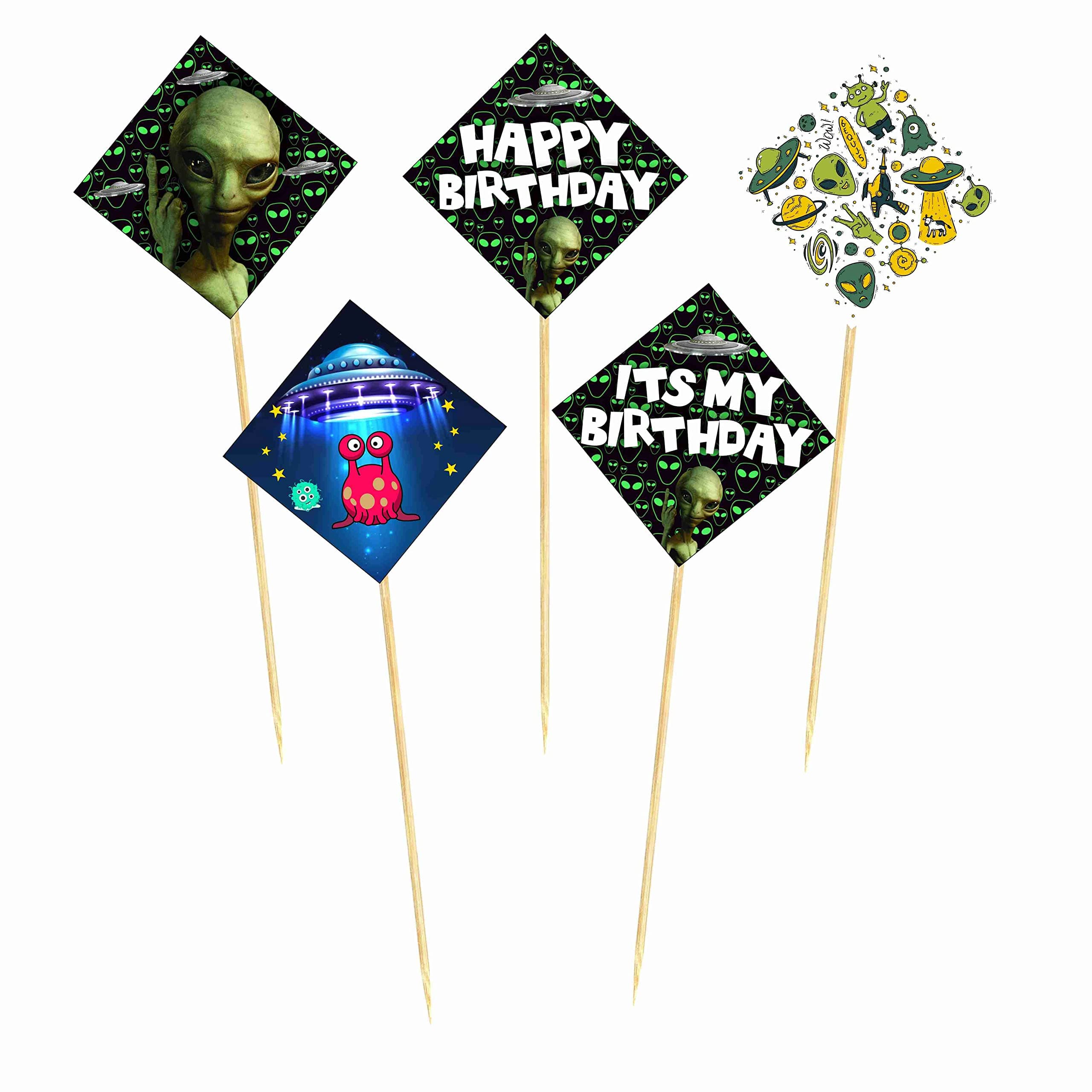 Balloonistics Aliens Theme Happy Birthday Cake Toppers - Pack of 10 Out of This World Galaxy & Outer Space Cake Decorations with Bamboo Sticks - Premium Cardstock "We Come in Peace" Toppers for UFO & Martian Theme Parties (Cake Topper - Pack of 10) thumbnail 2