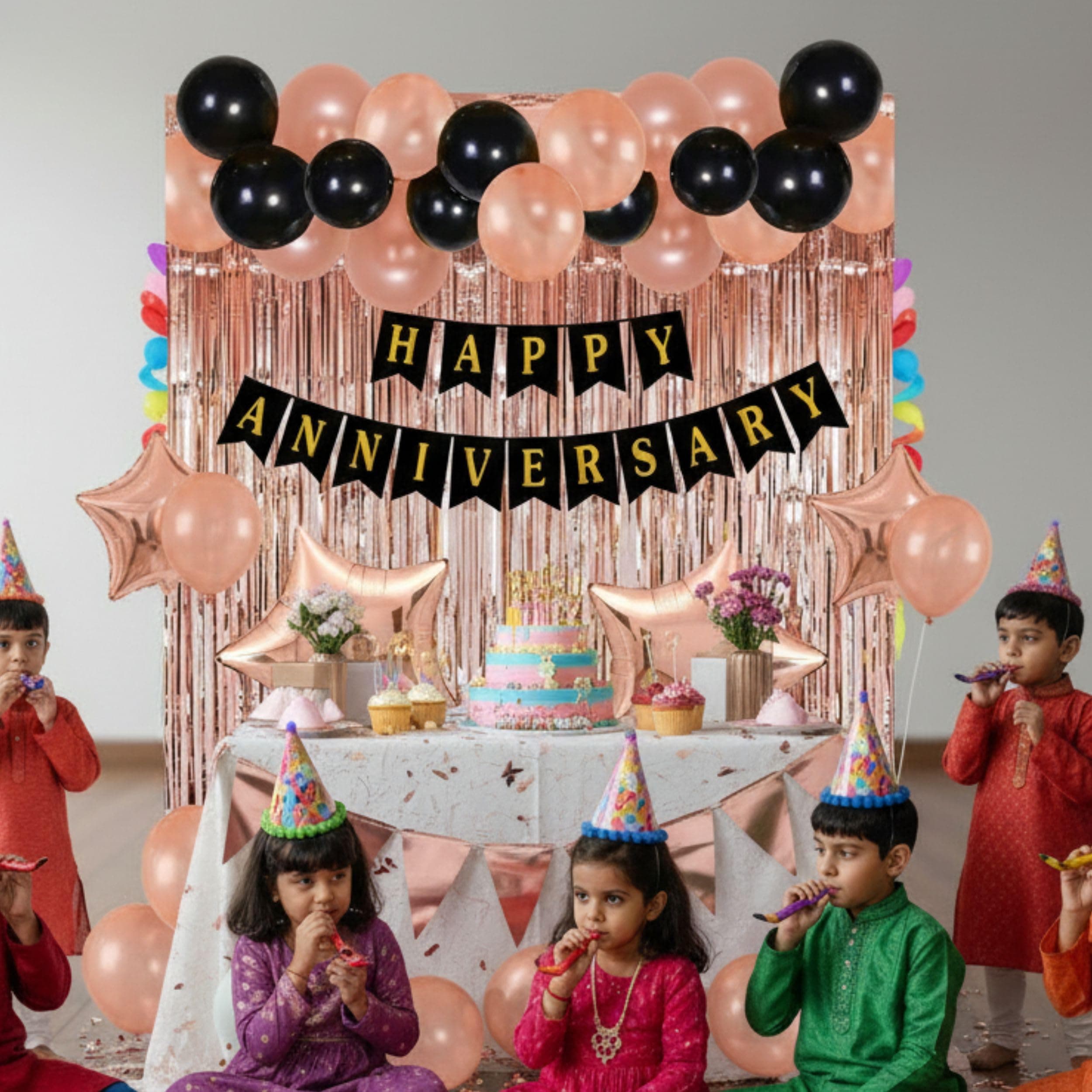 Balloonistics 34 Pcs Rose Gold & Black Happy Anniversary Decoration Kit – Rose Gold Banner, Foil Fringe Curtain, Star Foil Balloons & Metallic Balloons thumbnail 2