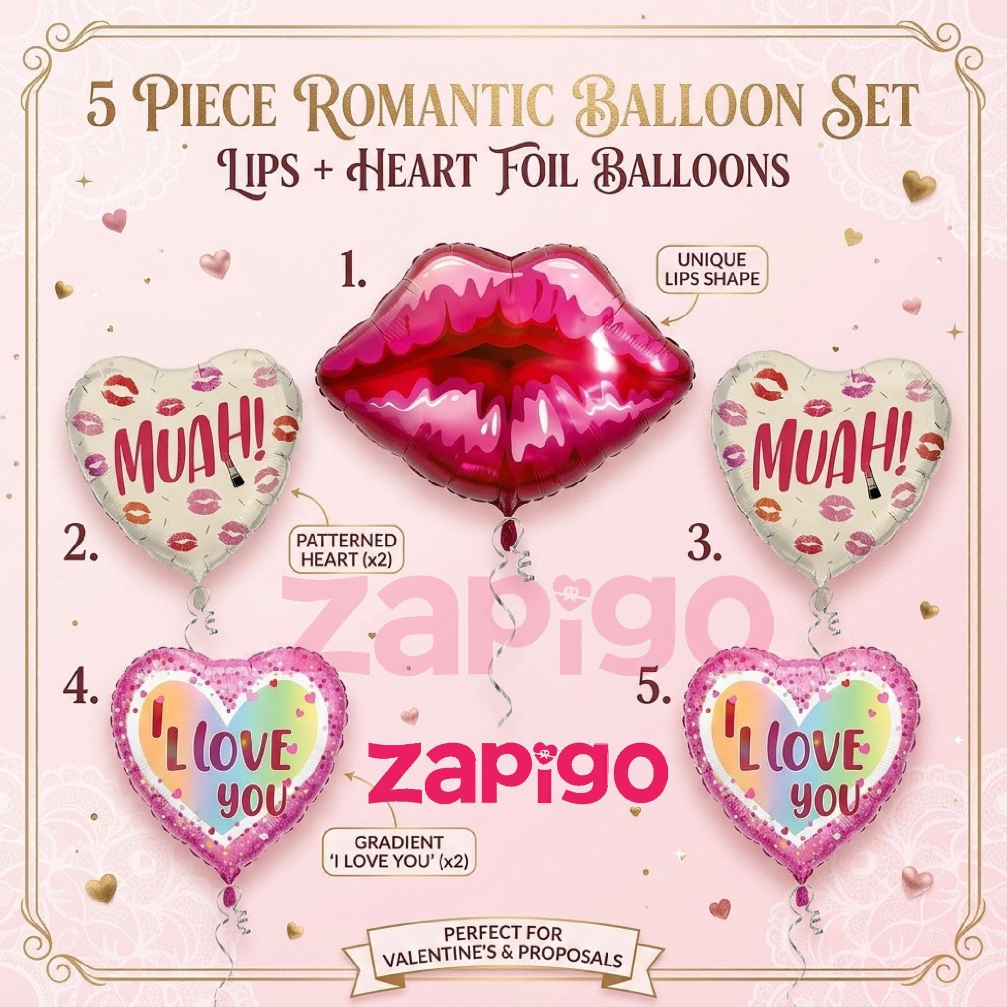 Balloonistics Lips And Love Theme Balloon Bouquet Pack Of 5 thumbnail 2