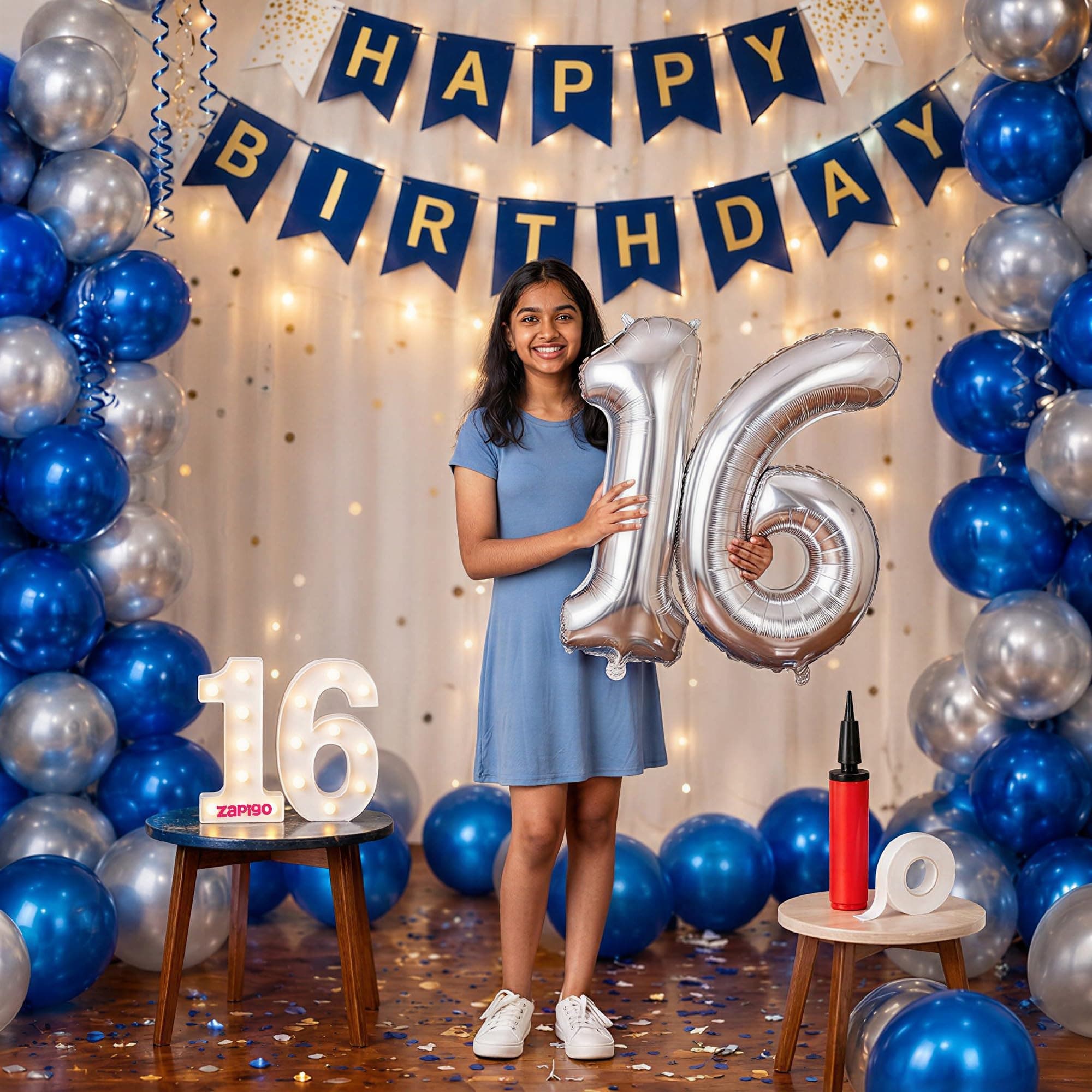 Balloonistics 16th Birthday Decoration Combo Kit - 40 Inch Silver Foil Number Balloon, LED Marquee Light, 50 Silver & Blue Balloons, Happy Birthday Banner, Balloon Pump & Glue Dots thumbnail 1