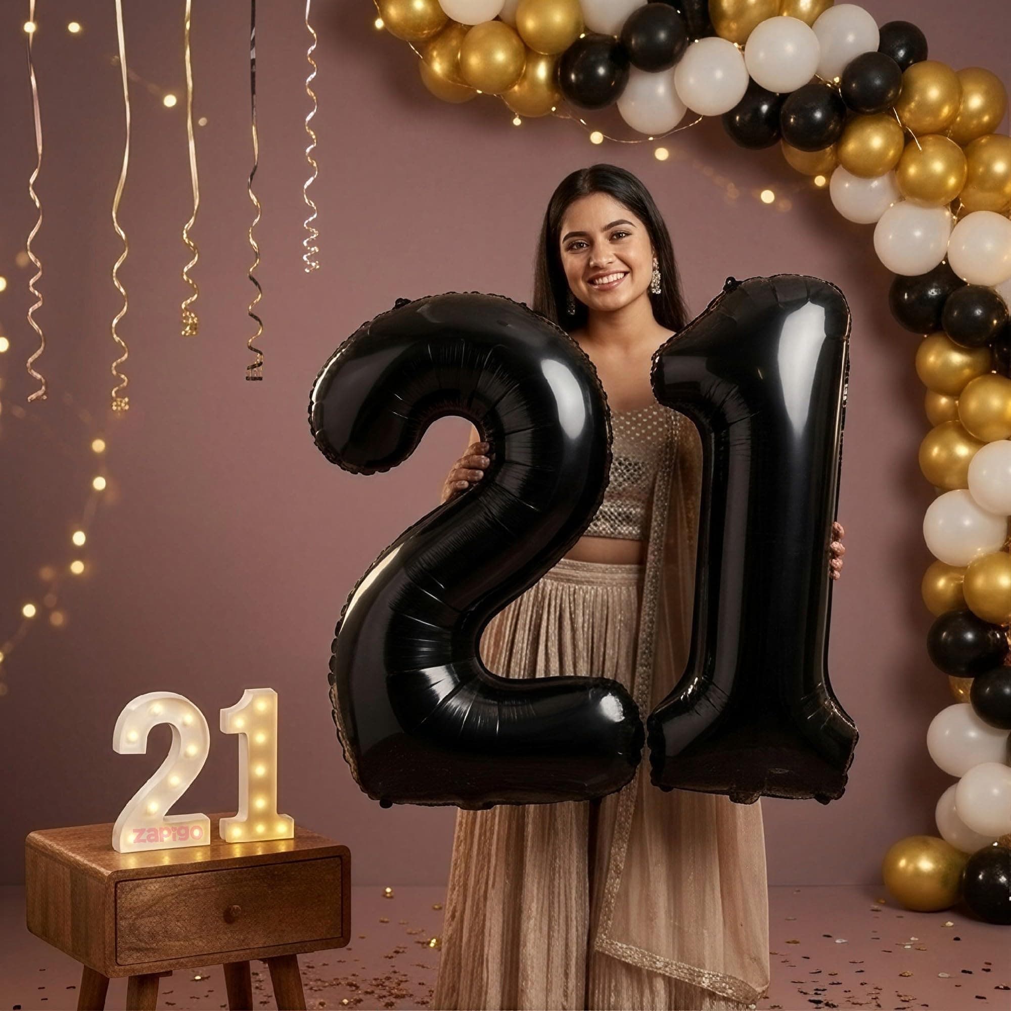 Balloonistics Black 40-Inch Foil Number 21 Balloon with Matching LED Marquee Light - Combo Set for 21st Birthday, Anniversary, Party Decoration, Photo Booth Backdrop thumbnail 1