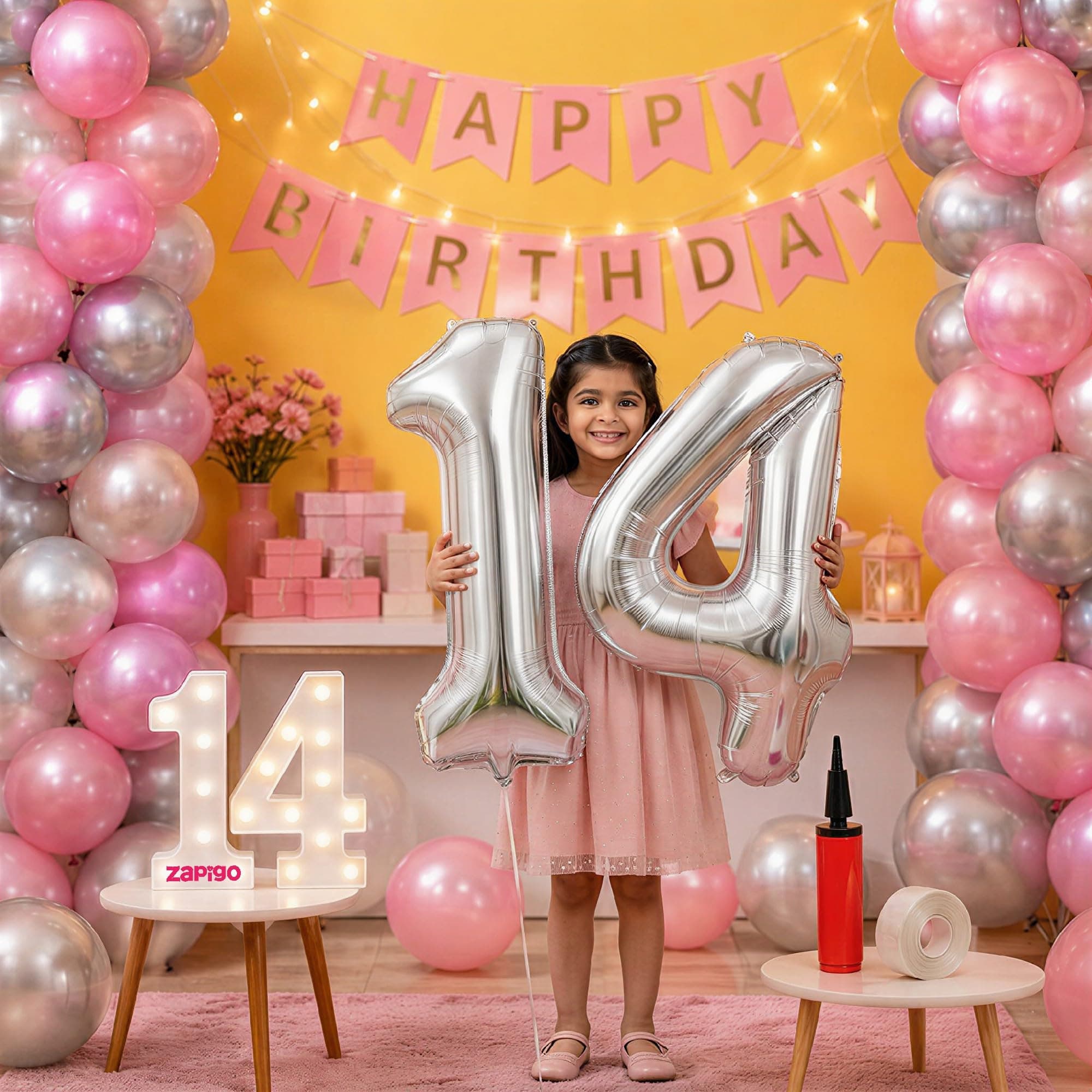 Balloonistics 14th Birthday Decoration Combo Kit - 40 Inch Silver Foil Number Balloon, LED Marquee Light, 50 Silver & Pink Balloons, Happy Birthday Banner, Balloon Pump & Glue Dots thumbnail 1