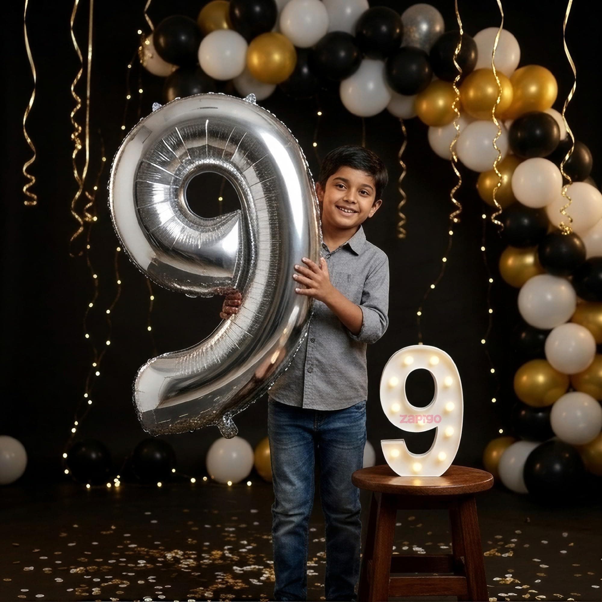 Balloonistics Silver 40-Inch Foil Number 9 Balloon with Matching LED Marquee Light - Combo Set for 9th Birthday, Anniversary, Party Decoration, Photo Booth Backdrop thumbnail 1