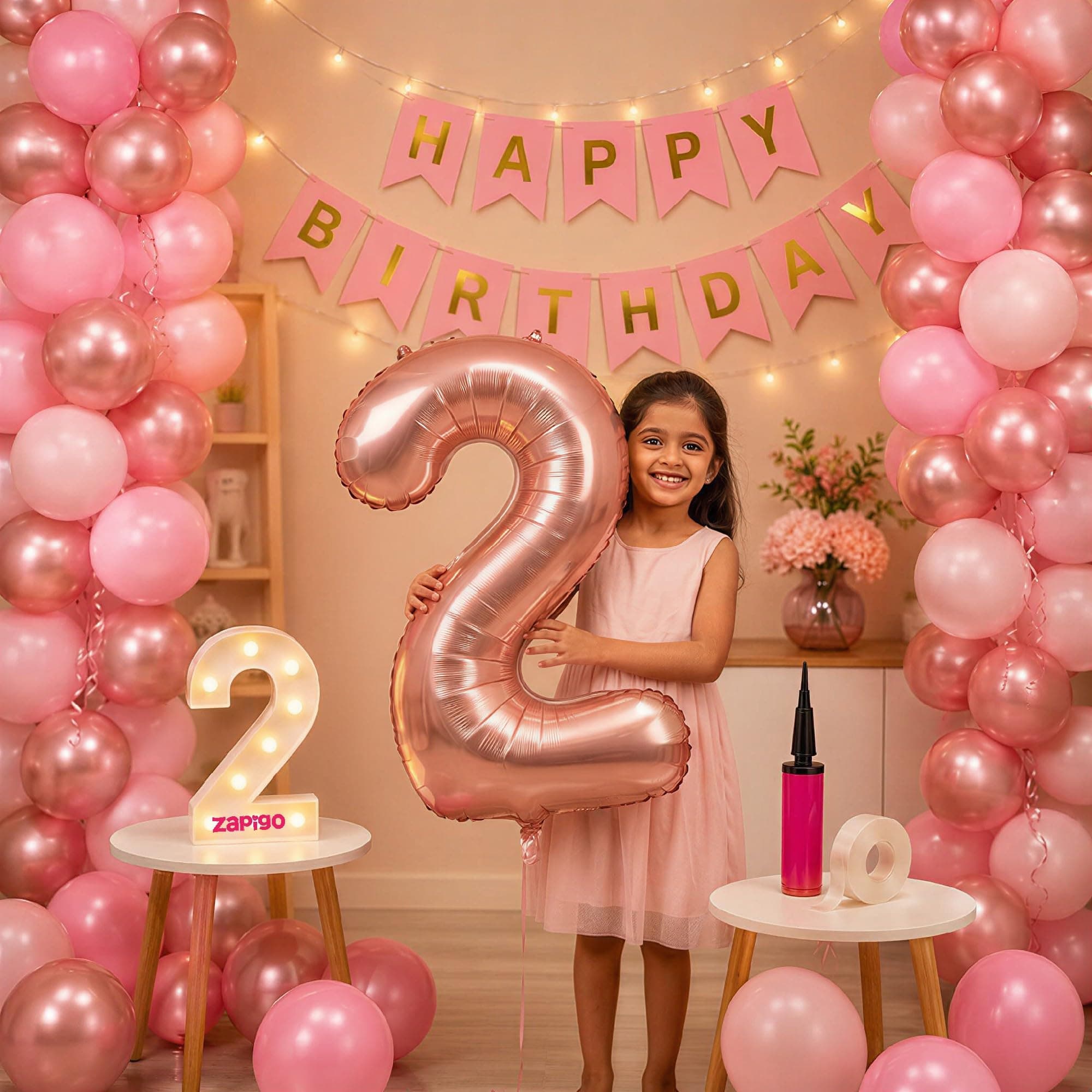 Balloonistics 2nd Birthday Decoration Combo Kit - 40 Inch Rose Gold Foil Number Balloon, LED Marquee Light, 50 Rose Gold & Pink Balloons, Happy Birthday Banner, Balloon Pump & Glue Dots thumbnail 1