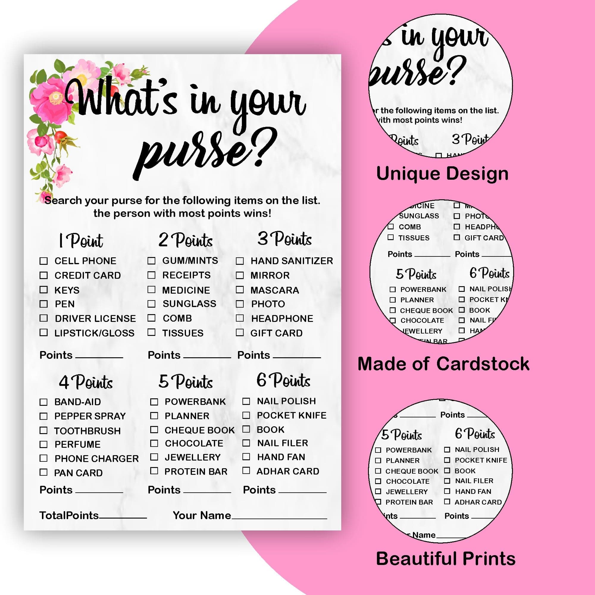 Balloonistics What’s In Your Purse? Game Cards – Pack of 10 – Fun Interactive Activity for Bridal Showers, Birthdays & Ladies’ Night – Premium Cardstock Party Supplies thumbnail 3