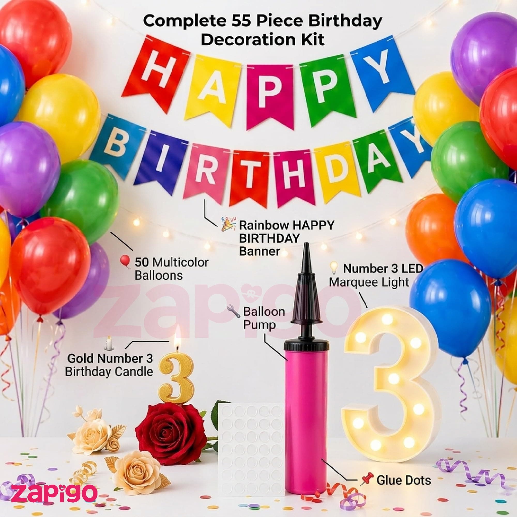 Balloonistics 55 Pcs 3rd Birthday Decoration Kit – Number 3 Foil Balloon, Happy Birthday Banner, Latex Balloons & Arch Tools for Party Room Decoration, Balloon Arch, Photo Booth Backdrop thumbnail 6