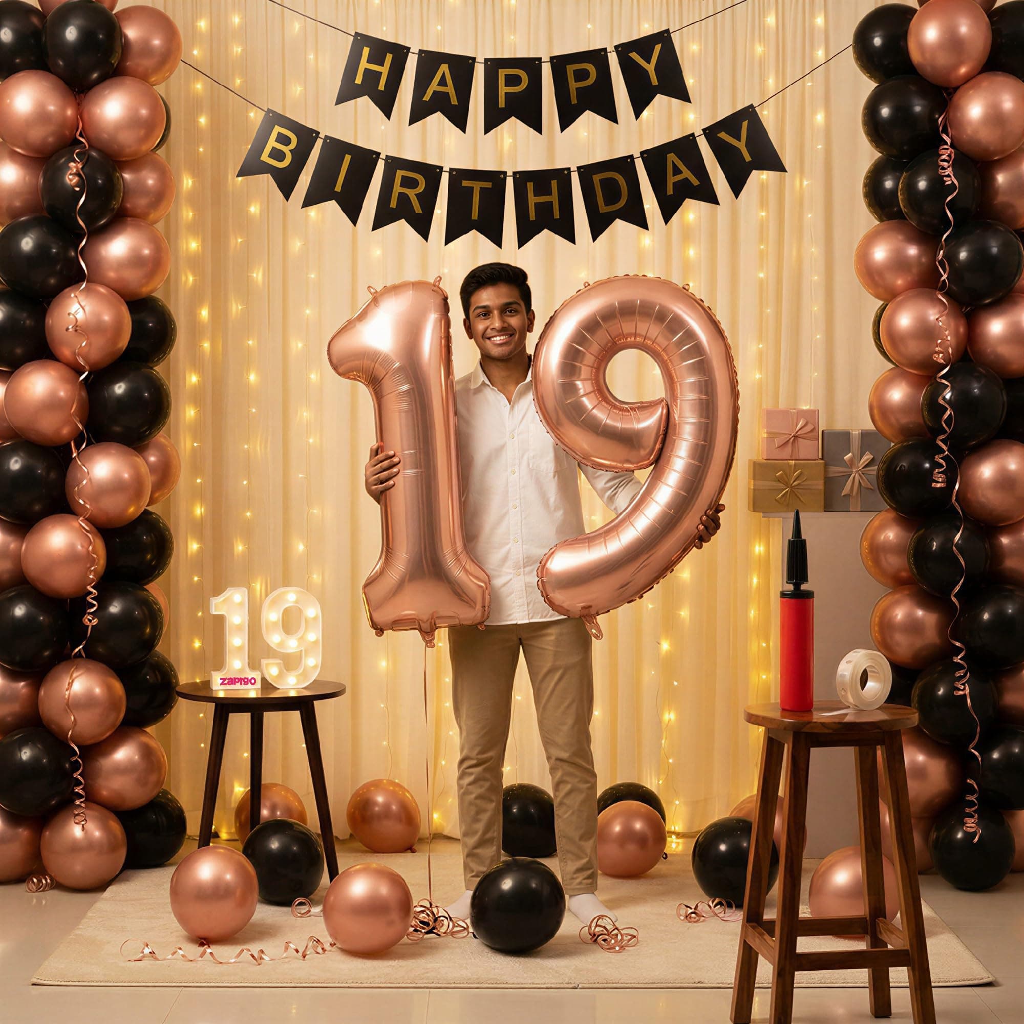 Balloonistics 19th Birthday Decoration Combo Kit - 40 Inch Rose Gold Foil Number Balloon, LED Marquee Light, 50 Rose Gold & Black Balloons, Happy Birthday Banner, Balloon Pump & Glue Dots thumbnail 1