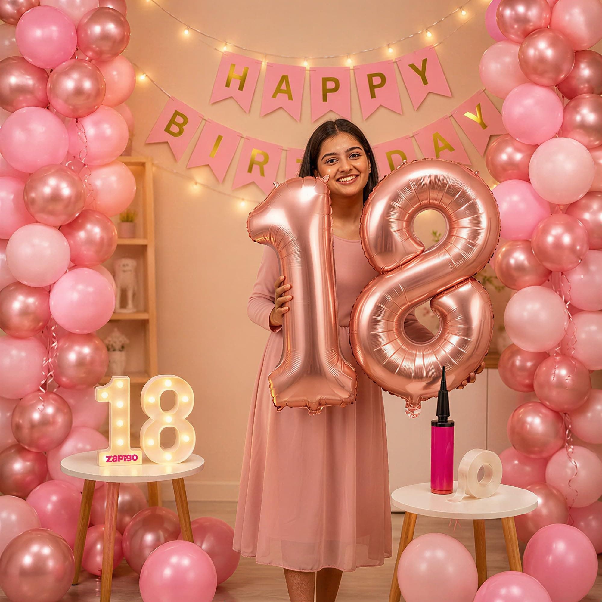 Balloonistics 18th Birthday Decoration Combo Kit - 40 Inch Rose Gold Foil Number Balloon, LED Marquee Light, 50 Rose Gold & Pink Balloons, Happy Birthday Banner, Balloon Pump & Glue Dots thumbnail 1
