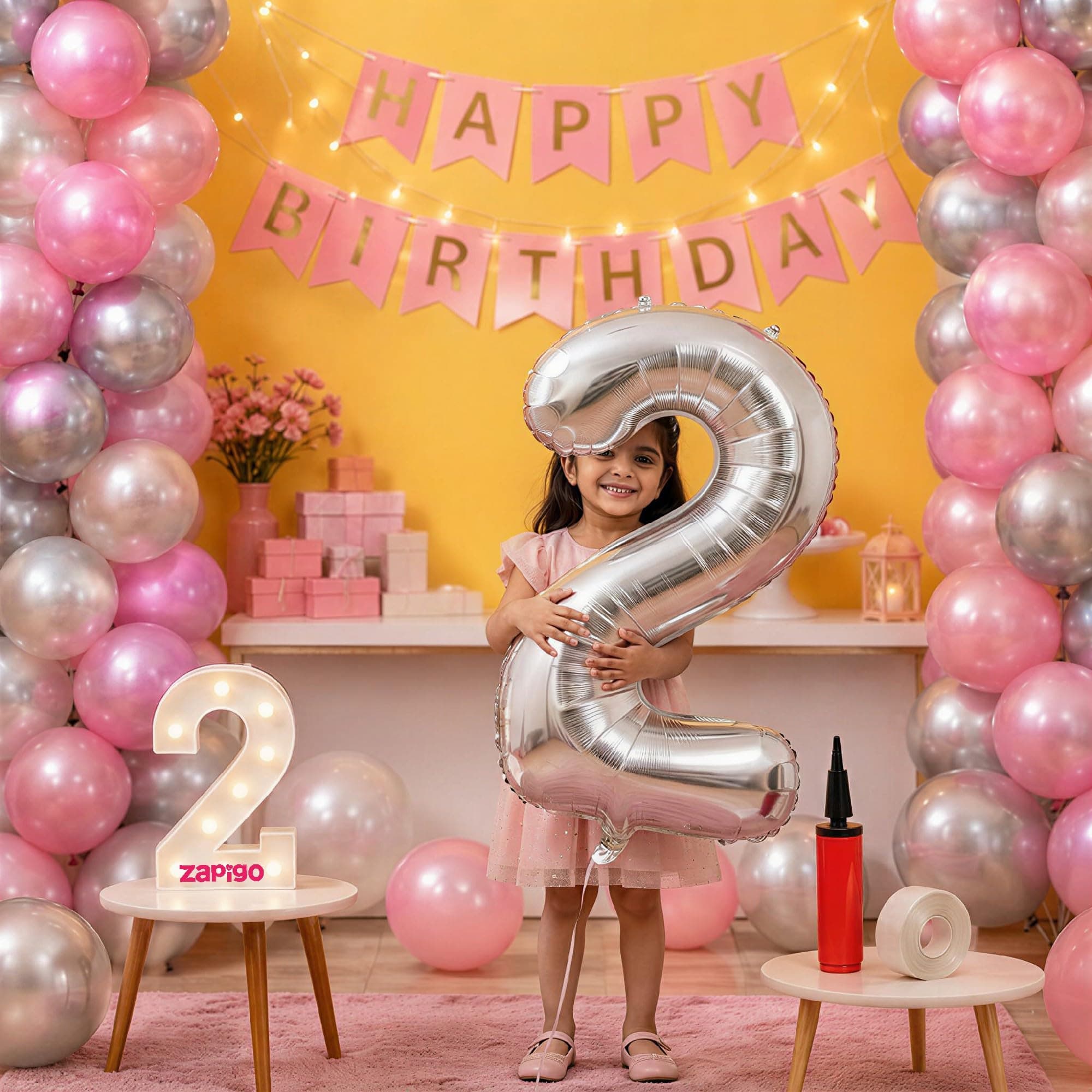 Balloonistics 2nd Birthday Decoration Combo Kit - 40 Inch Silver Foil Number Balloon, LED Marquee Light, 50 Silver & Pink Balloons, Happy Birthday Banner, Balloon Pump & Glue Dots thumbnail 1