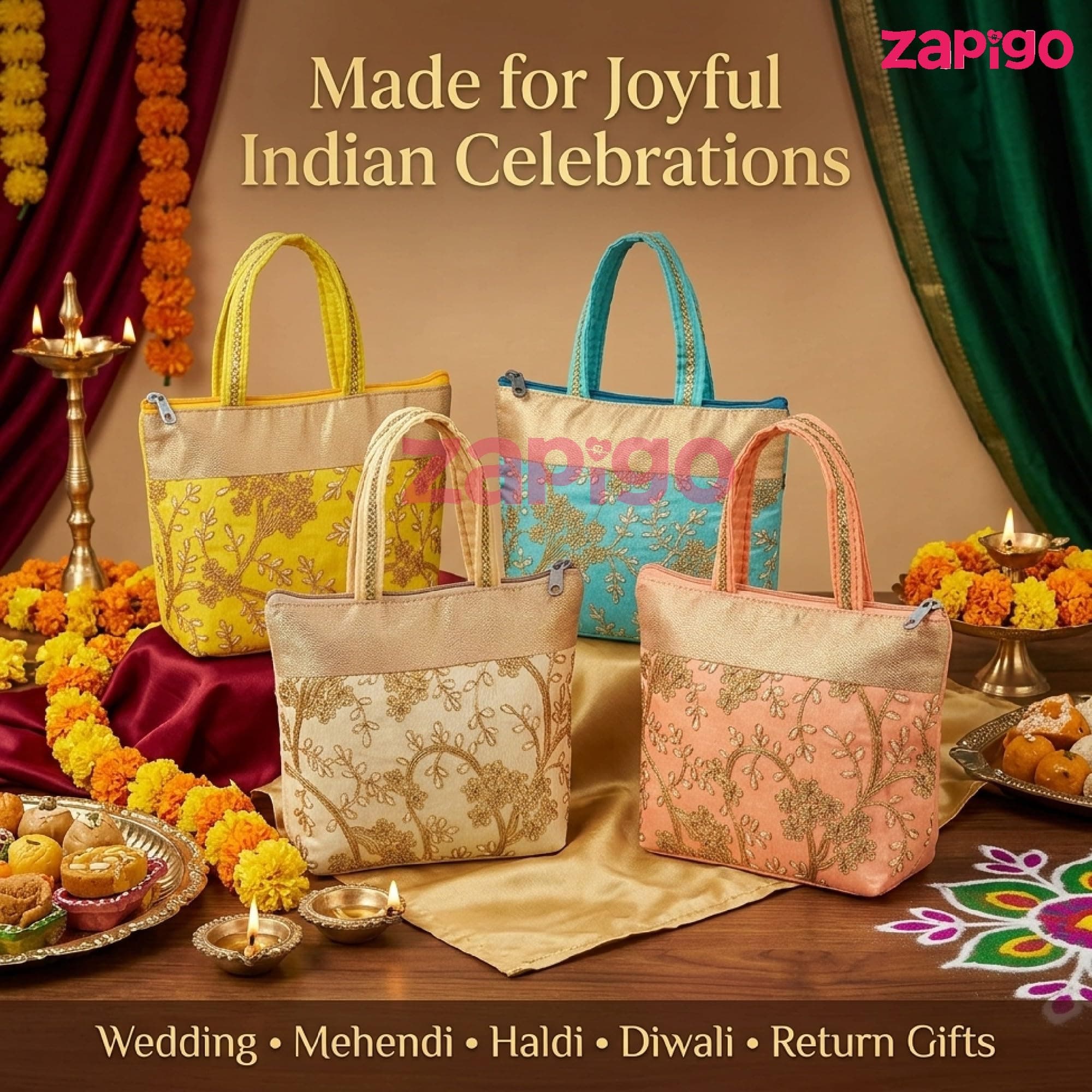 Habba Embroidery Design Hand Bag for Women, Compact Ethnic Festive Gift Bag with Padded Handles and Zip Closure, Ideal for Weddings, Mehendi, Haldi Kumkum, Return Gifts, Pack of 10 thumbnail 6