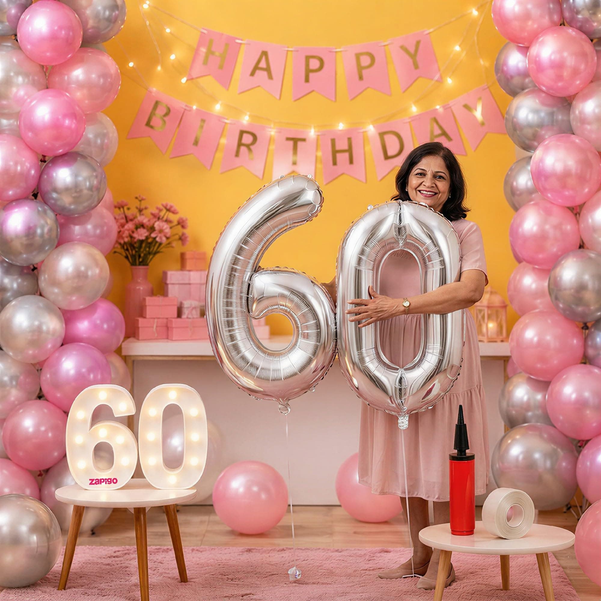 Balloonistics 60th Birthday Decoration Combo Kit - 40 Inch Silver Foil Number Balloon, LED Marquee Light, 50 Silver & Pink Balloons, Happy Birthday Banner, Balloon Pump & Glue Dots thumbnail 1