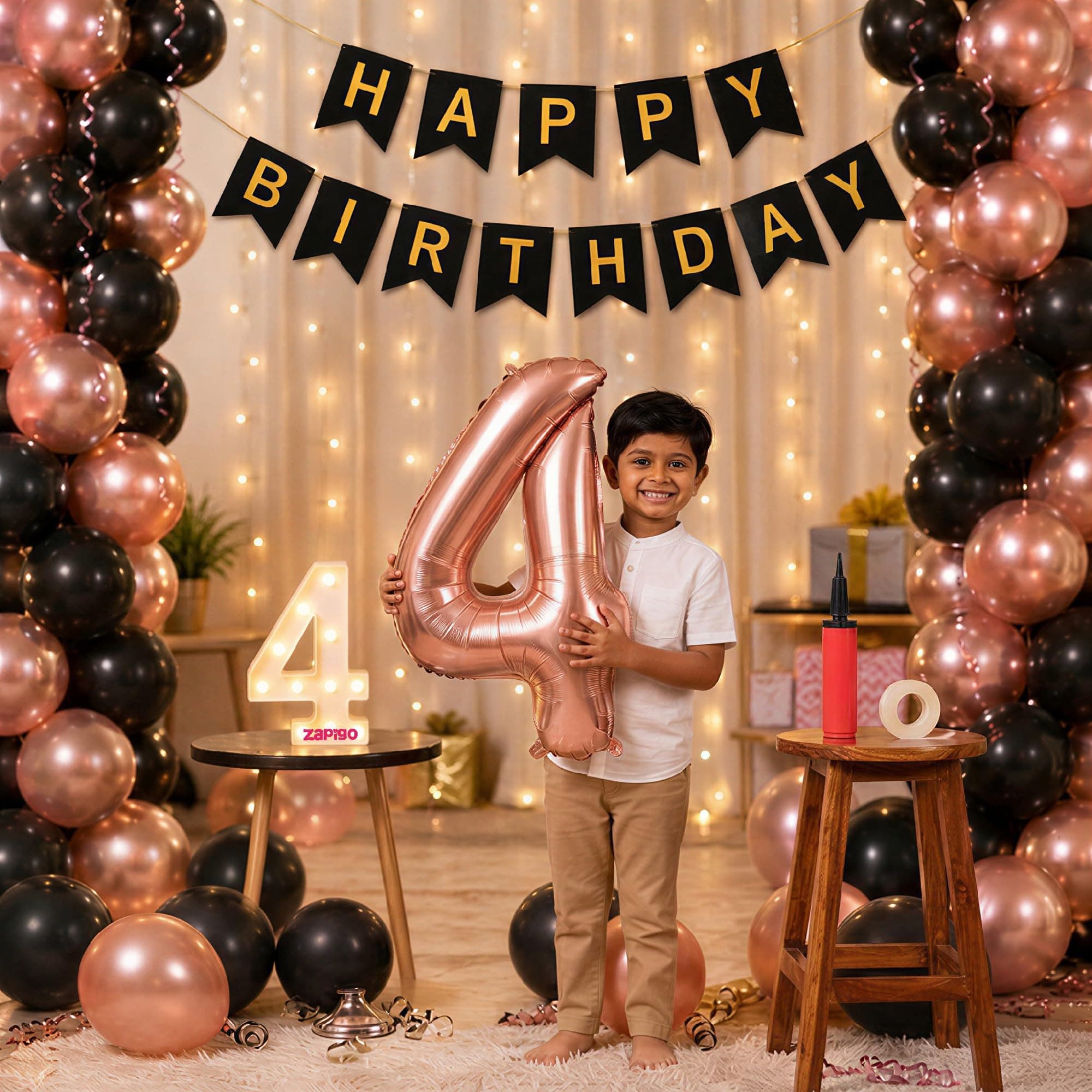 Balloonistics 4th Birthday Decoration Combo Kit - 40 Inch Rose Gold Foil Number Balloon, LED Marquee Light, 50 Rose Gold & Black Balloons, Happy Birthday Banner, Balloon Pump & Glue Dots thumbnail 1